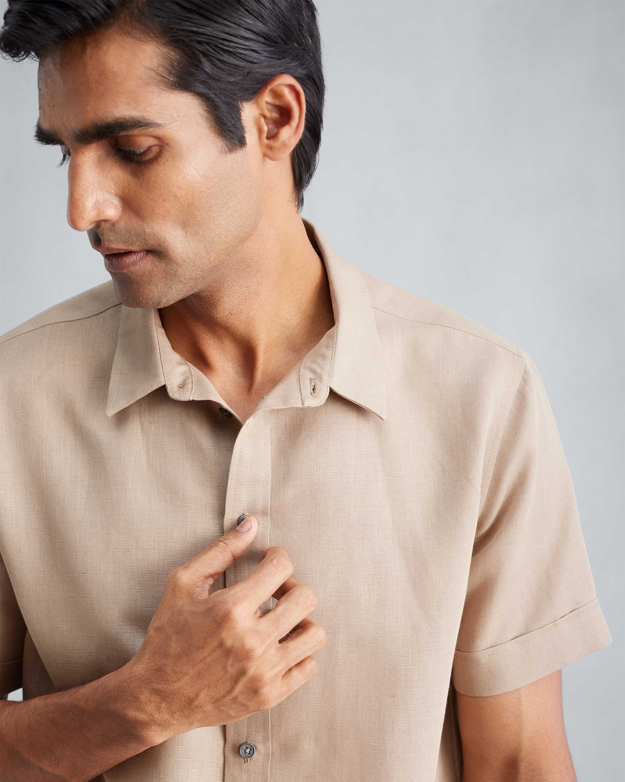 Half Sleeve Shirt Set (Beige & White Seersucker)