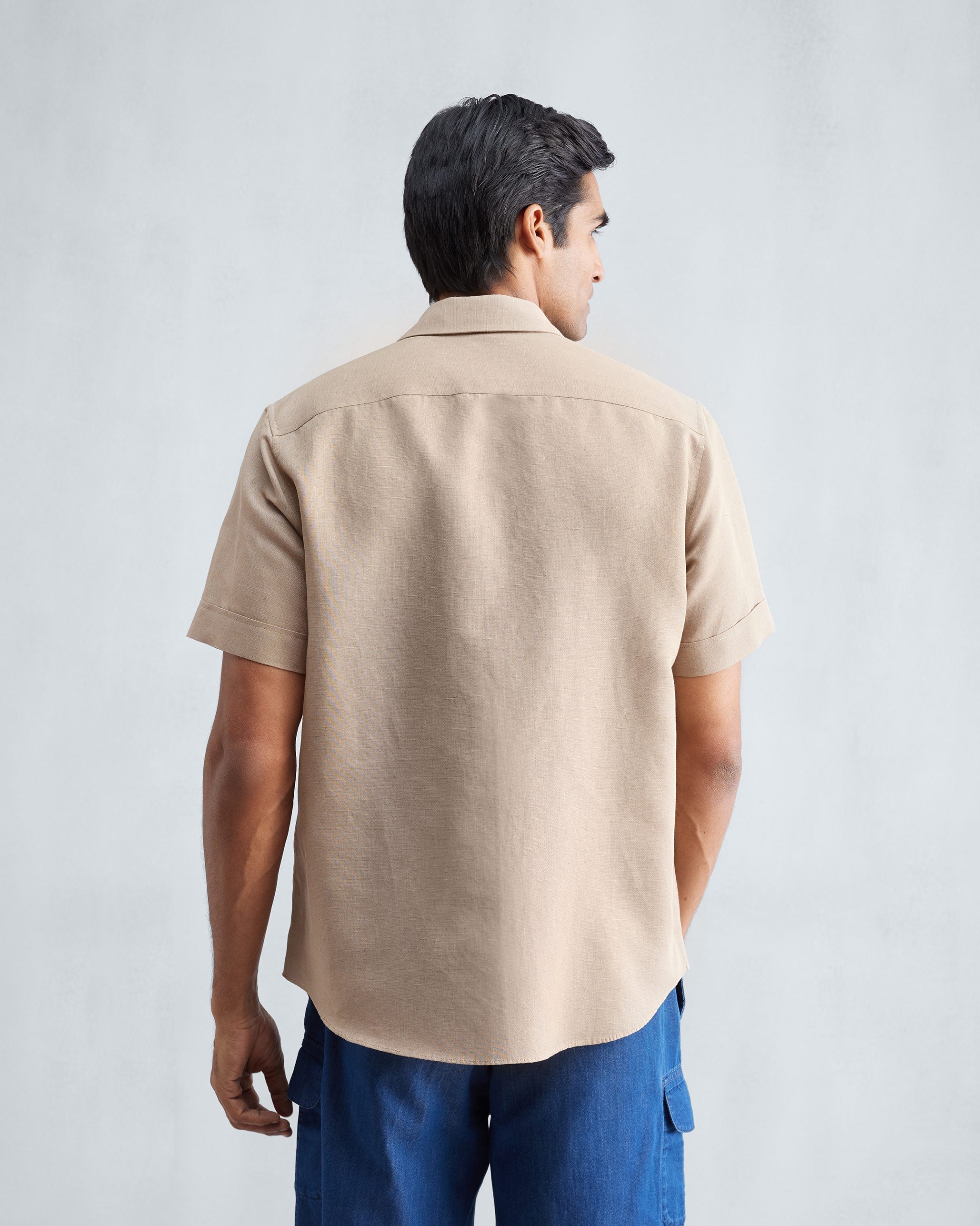 Half Sleeve Shirt Set (Beige & White Seersucker)