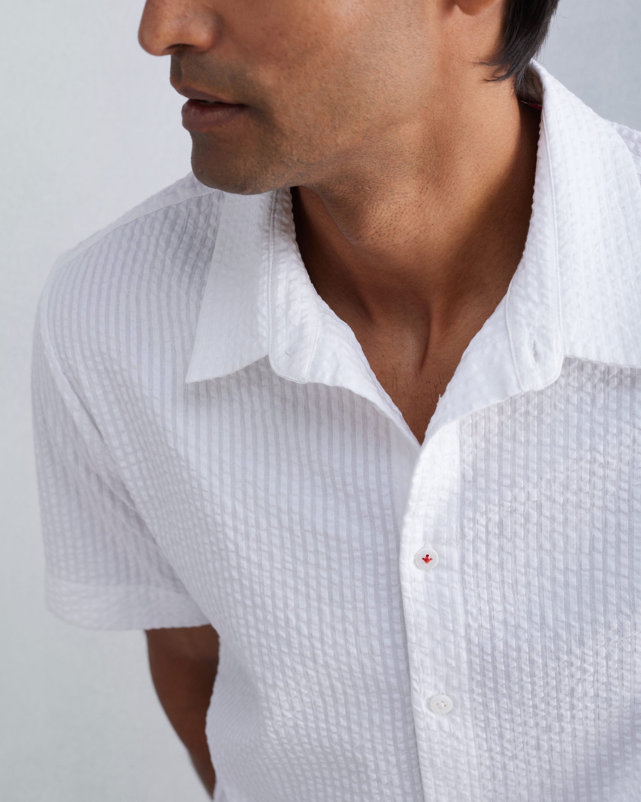 Half Sleeve Shirt Set (Beige & White Seersucker)