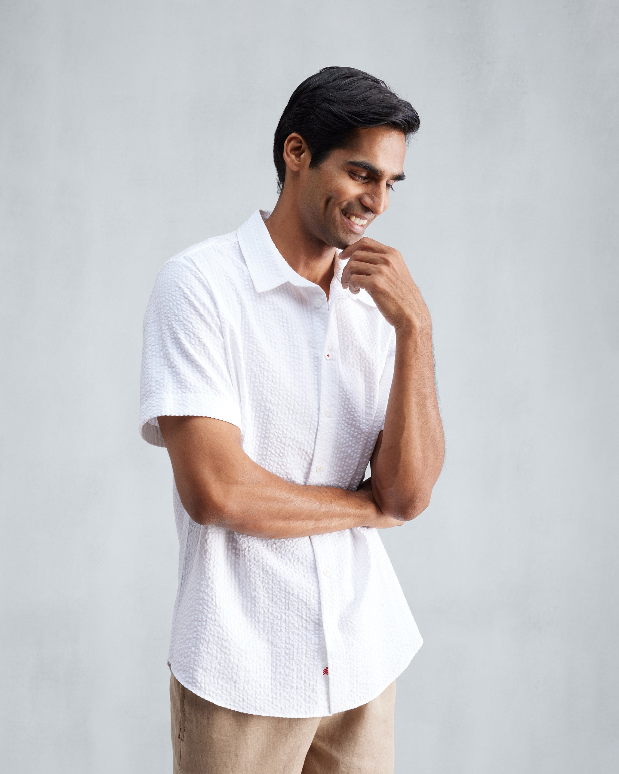 Half Sleeve Shirt Set (Beige & White Seersucker)