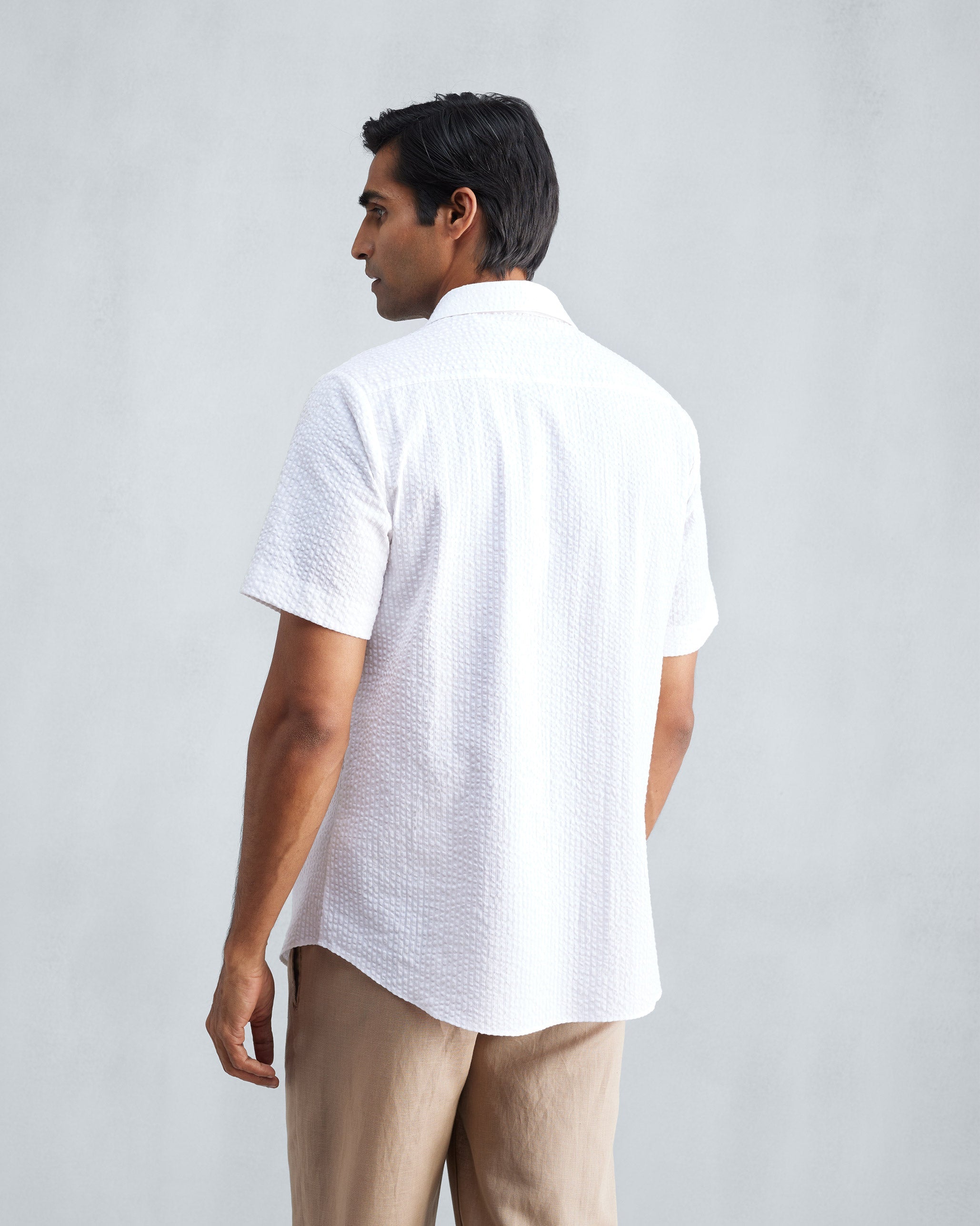 Half Sleeve Shirt Set (Beige & White Seersucker)