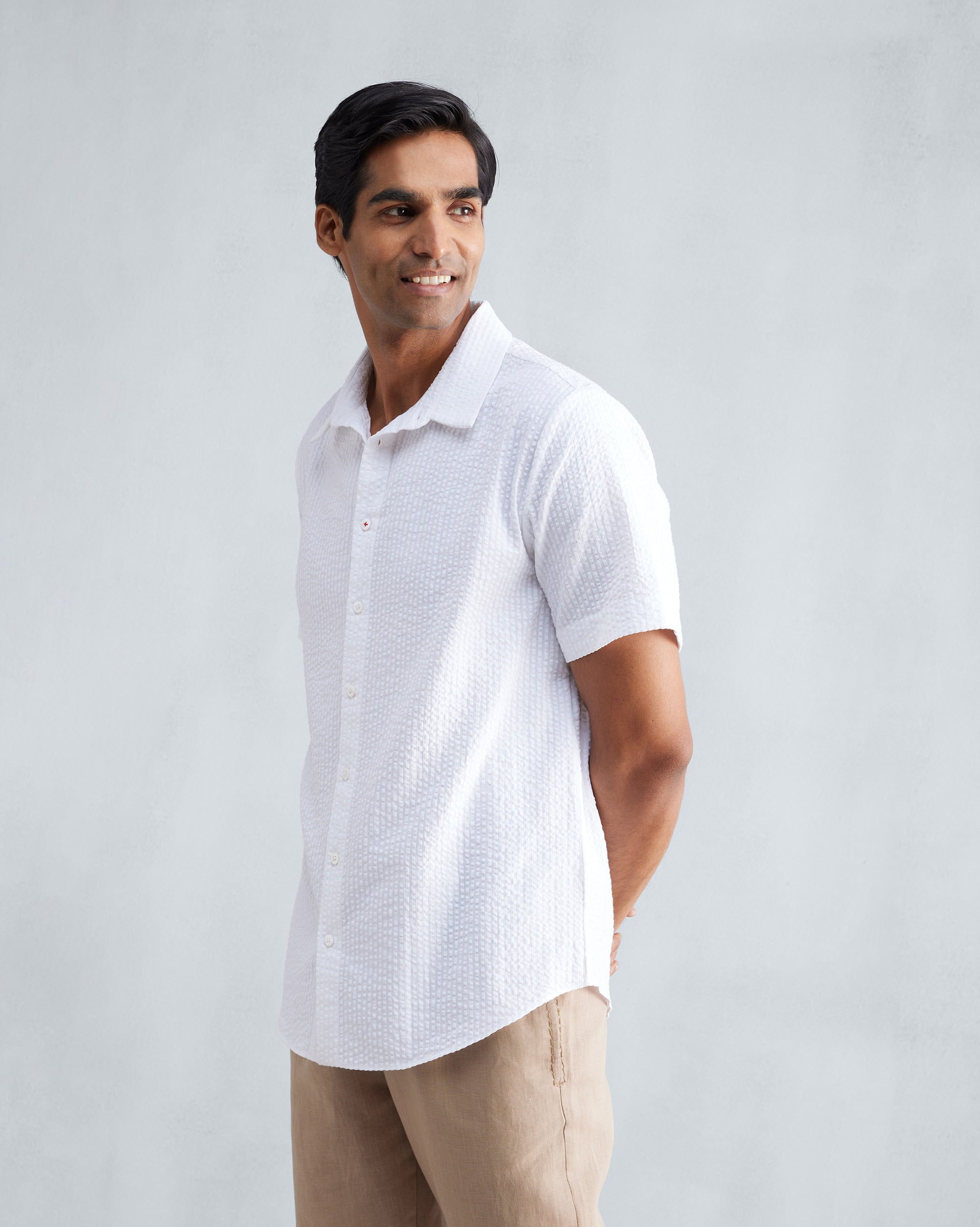 Half Sleeve Shirt Set (Beige & White Seersucker)