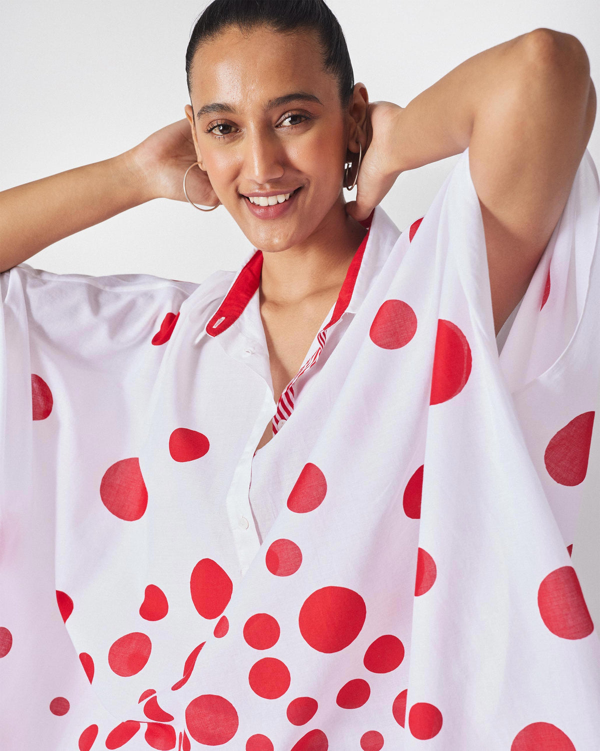 Collared Kaftan - White & Red Print