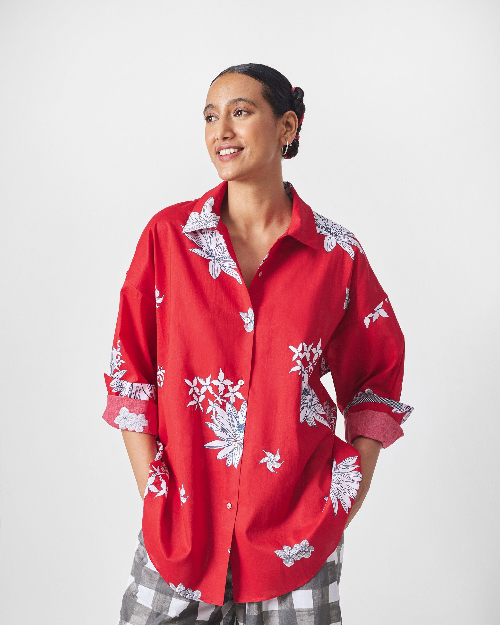 Oversized Shirt - Red & White Print