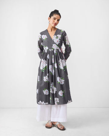 Gathered Angrakha - Charcoal & Ivory Print