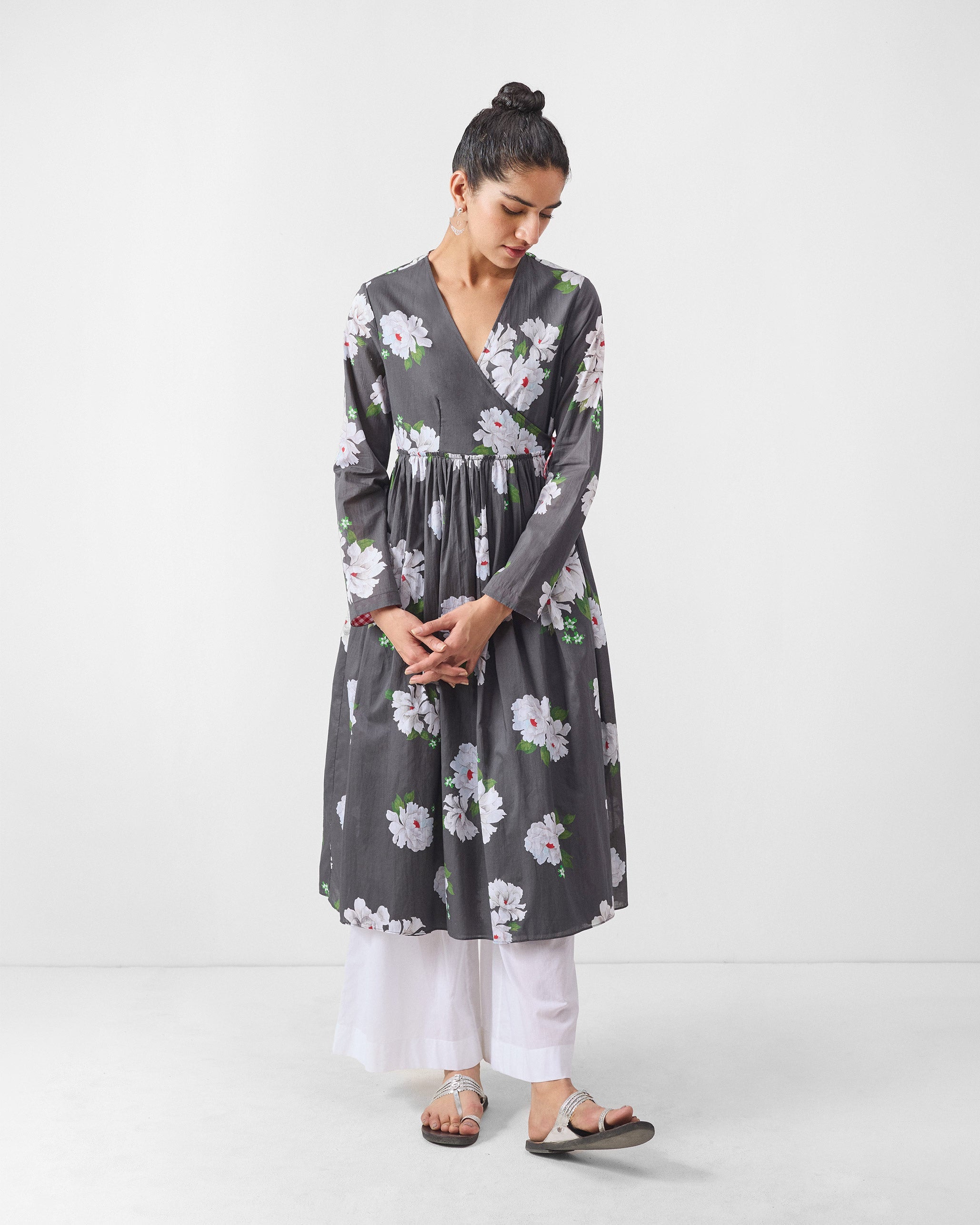 Gathered Angrakha - Charcoal & Ivory Print