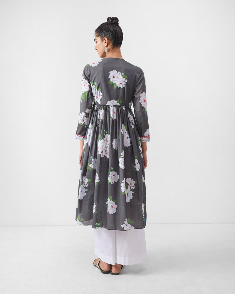 Gathered Angrakha - Charcoal & Ivory Print