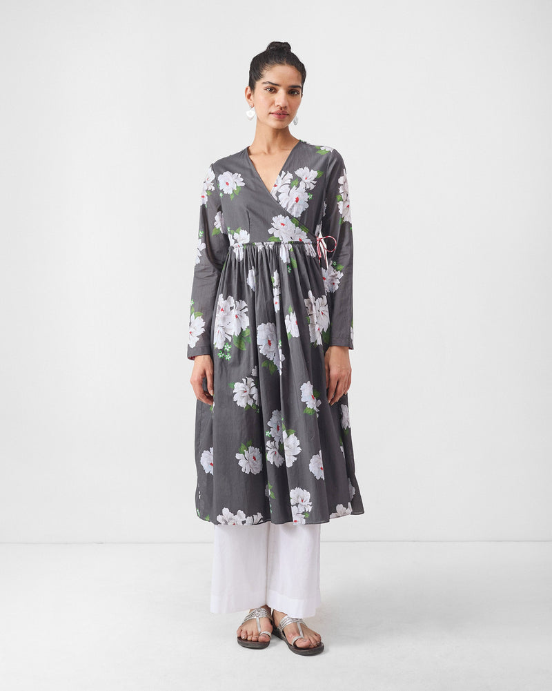 Gathered Angrakha - Charcoal & Ivory Print