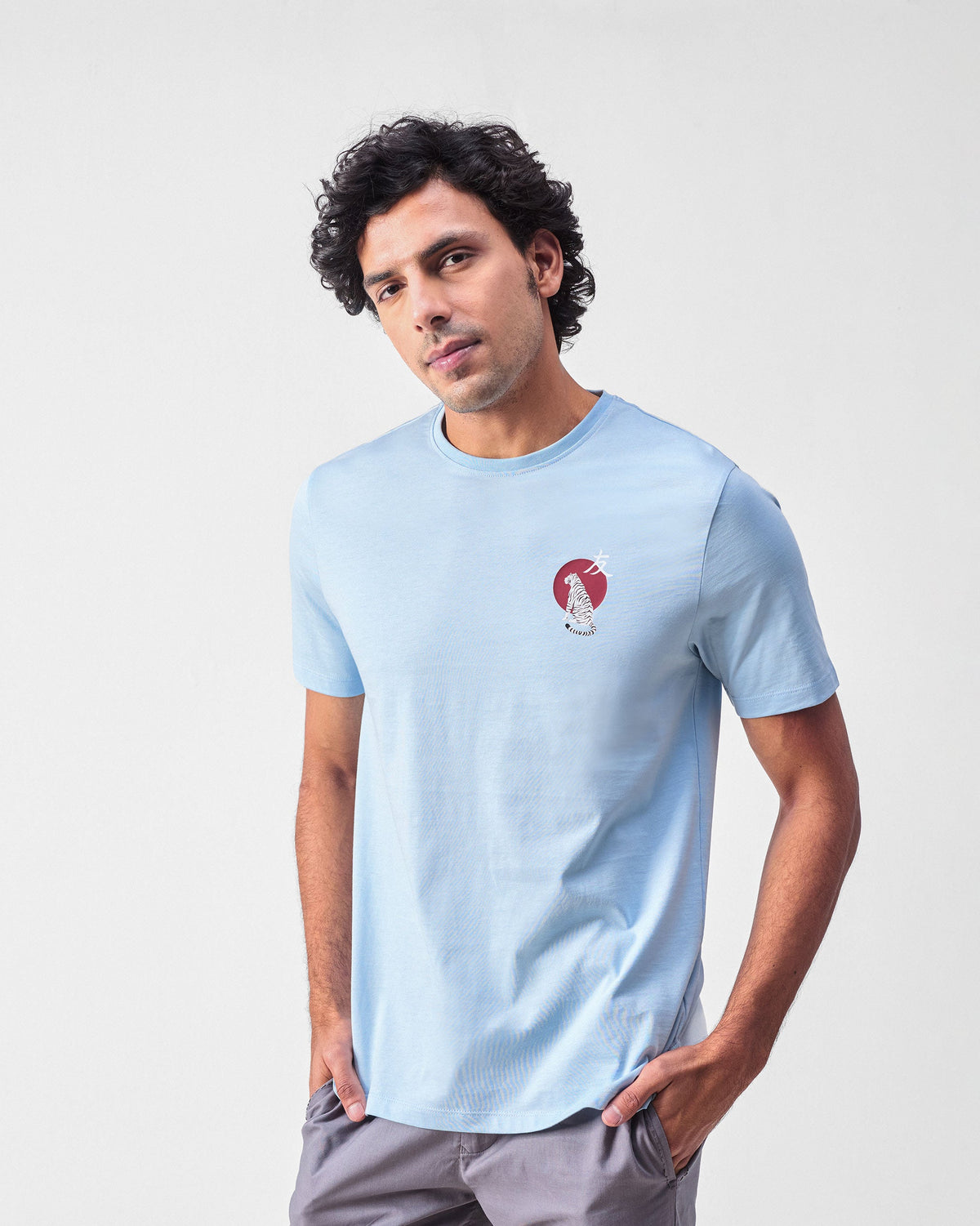 Japanese Tora T-shirt - Powder Blue & Red Print