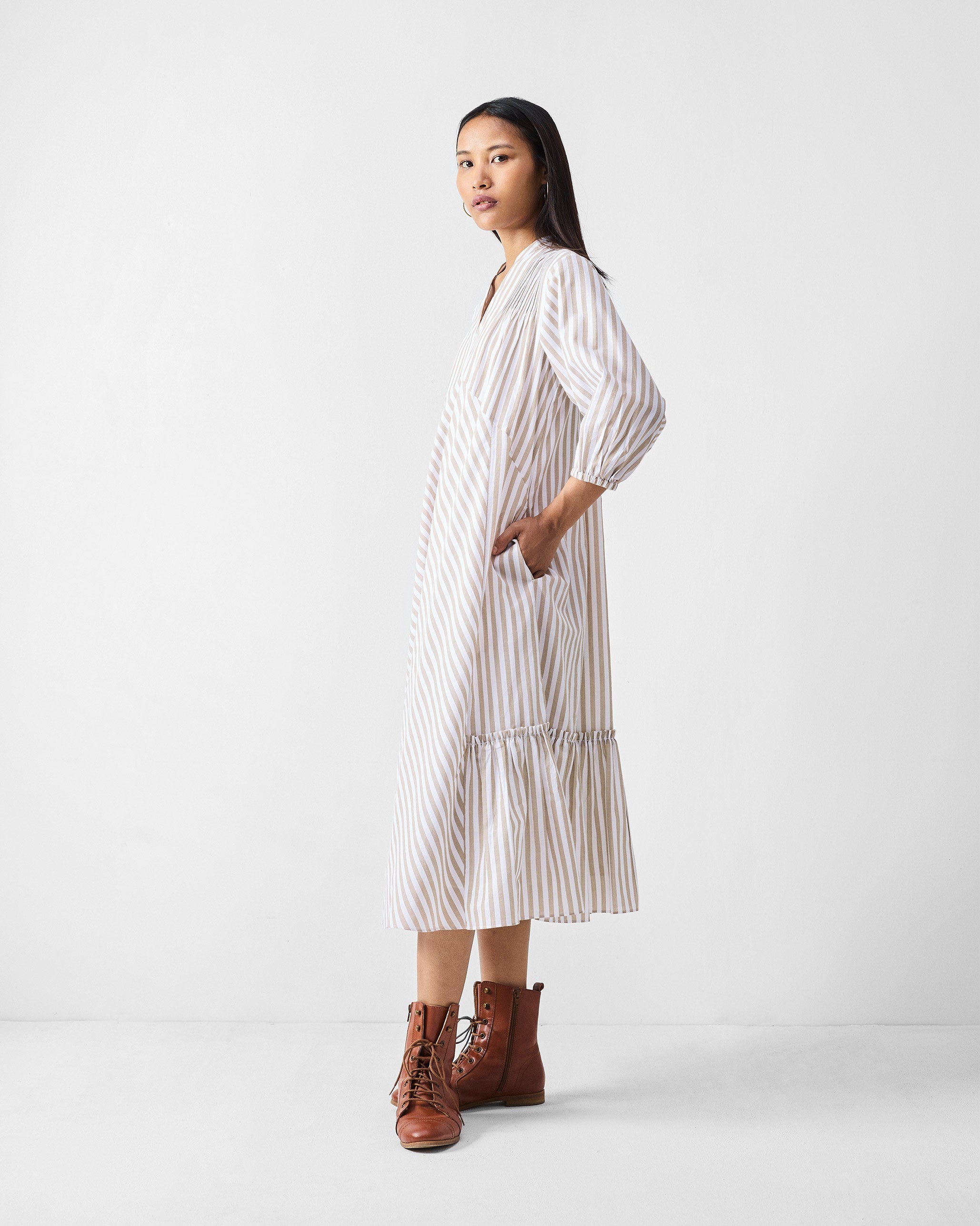 Summer Tea Dress - Khaki & White Stripes