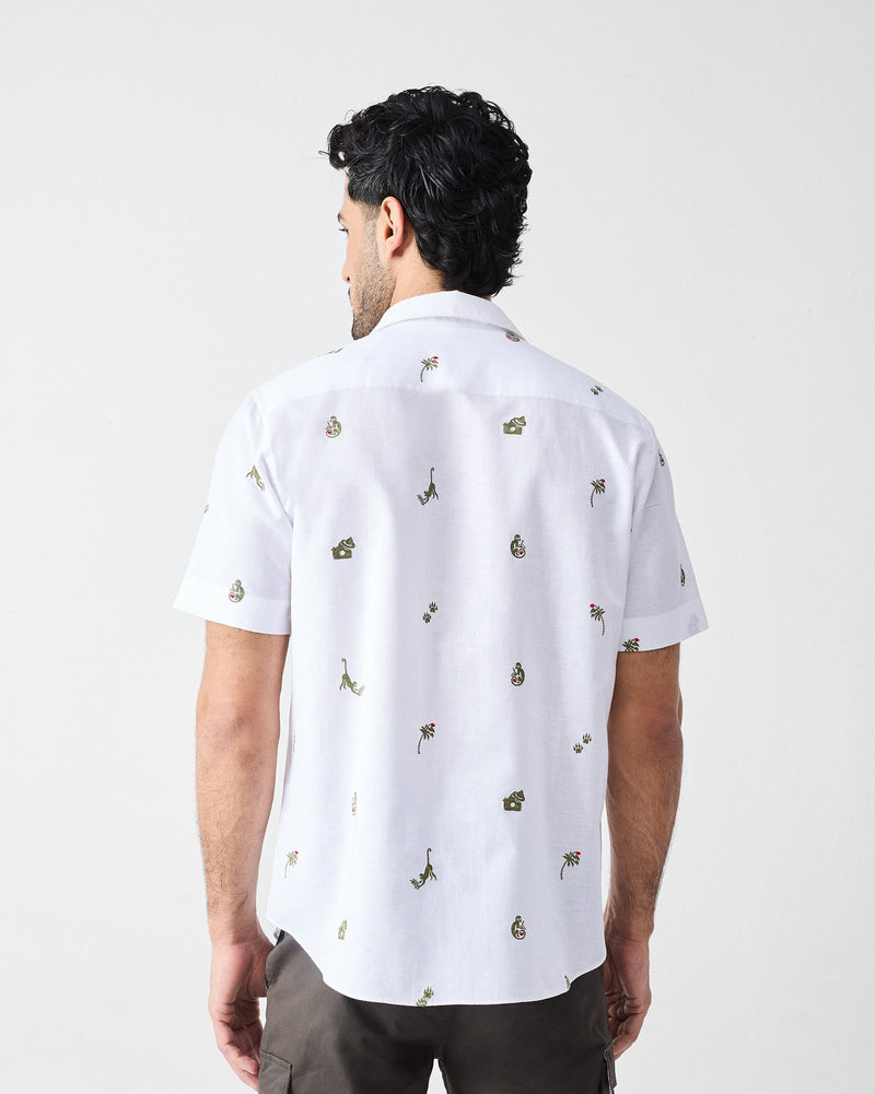 Half Sleeves Shirt - White & Olive Embroidered