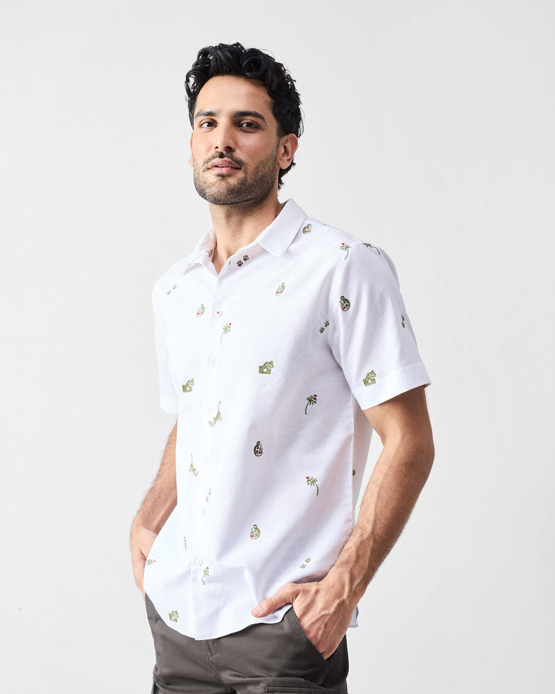 Half Sleeves Shirt - White & Olive Embroidered