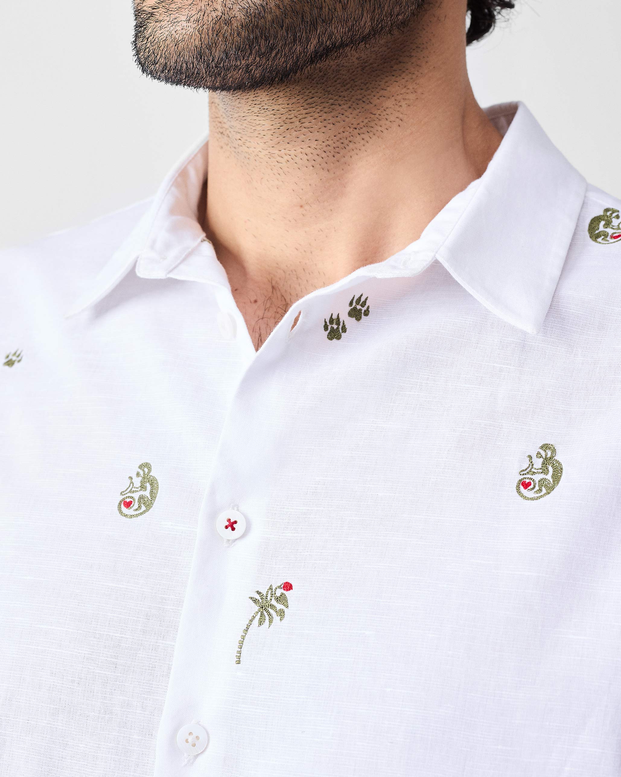 Half Sleeves Shirt - White & Olive Embroidered