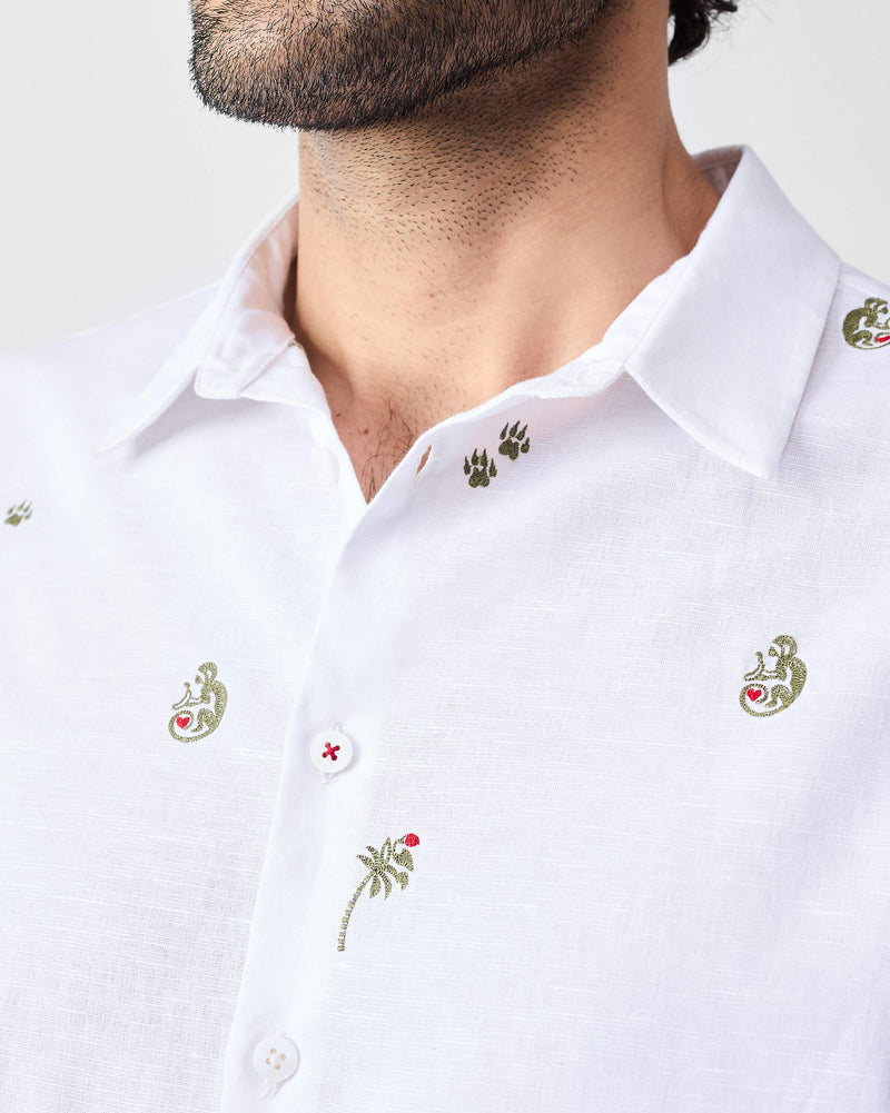 Half Sleeves Shirt - White & Olive Embroidered