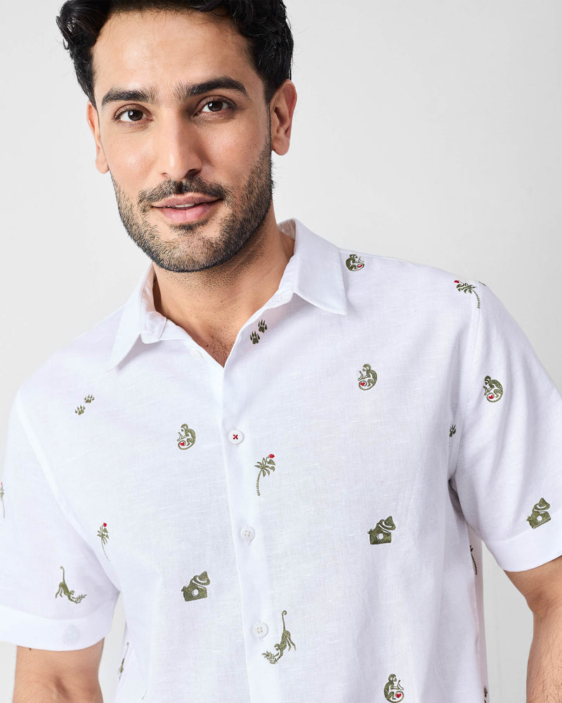 Half Sleeves Shirt - White & Olive Embroidered