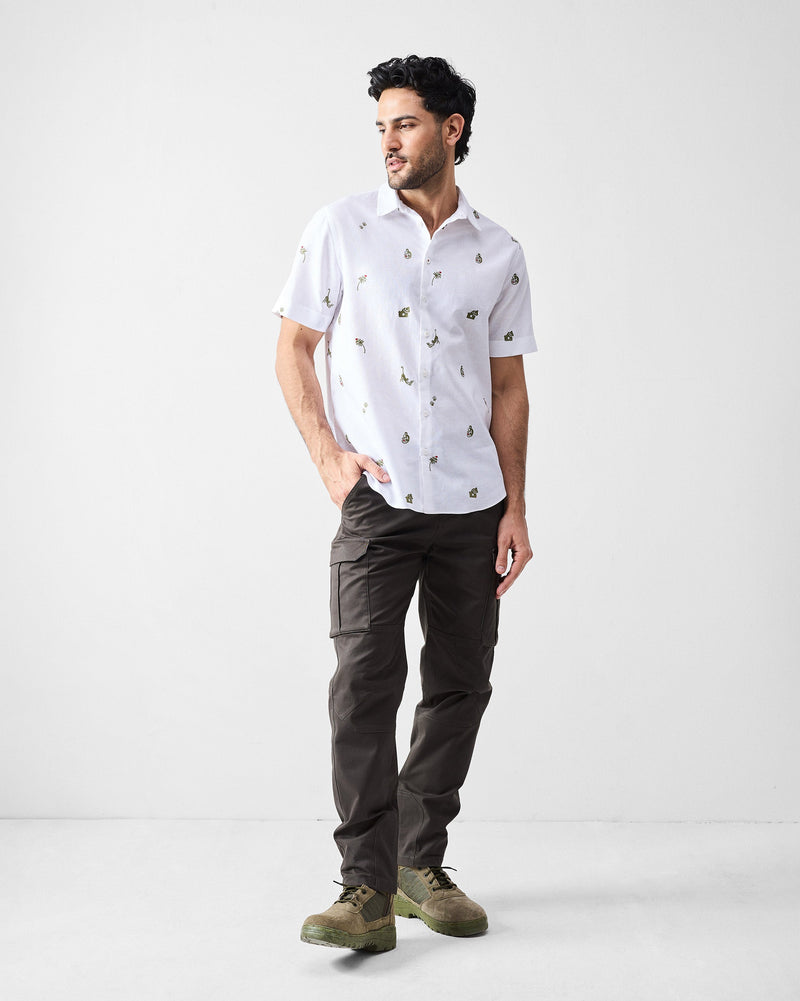 Half Sleeves Shirt - White & Olive Embroidered