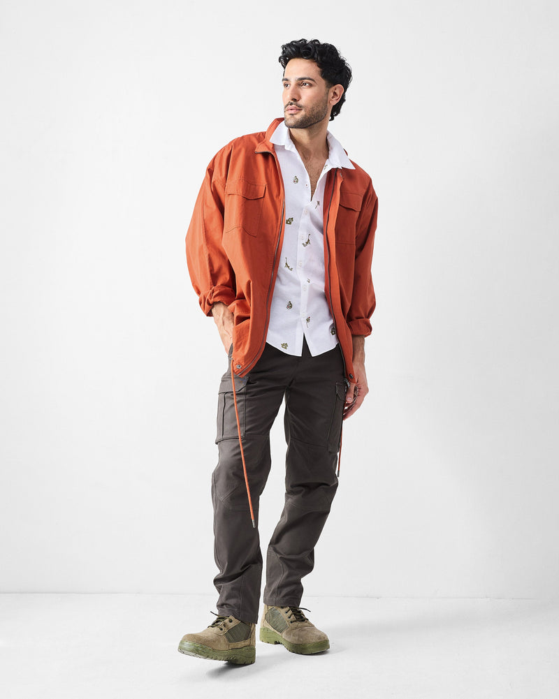 Half Sleeves Shirt - White & Olive Embroidered