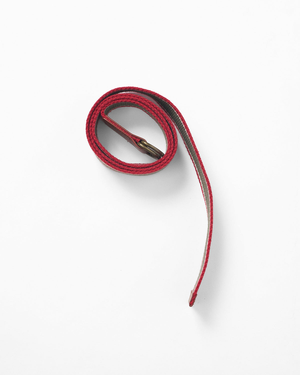 Nico Belt in olive and red coiled loosely on a white surface.