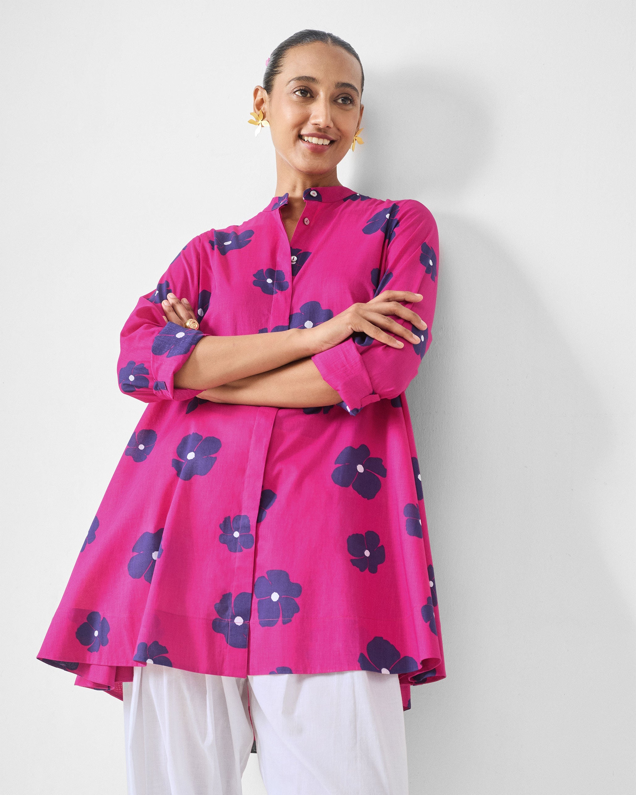 Back Gathered Top - Fuchsia & Purple Print