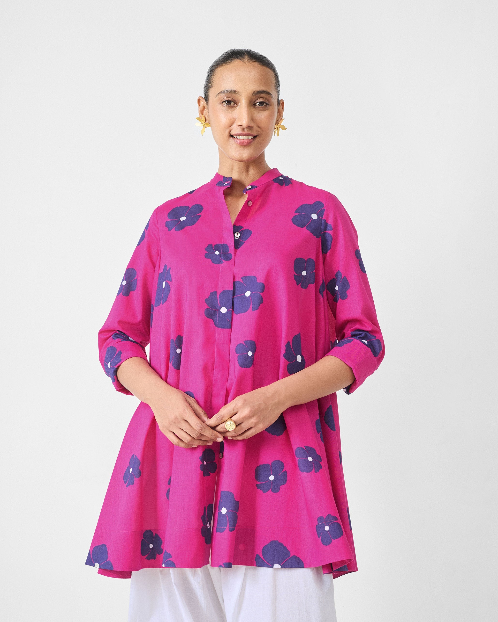 Back Gathered Top - Fuchsia & Purple Print