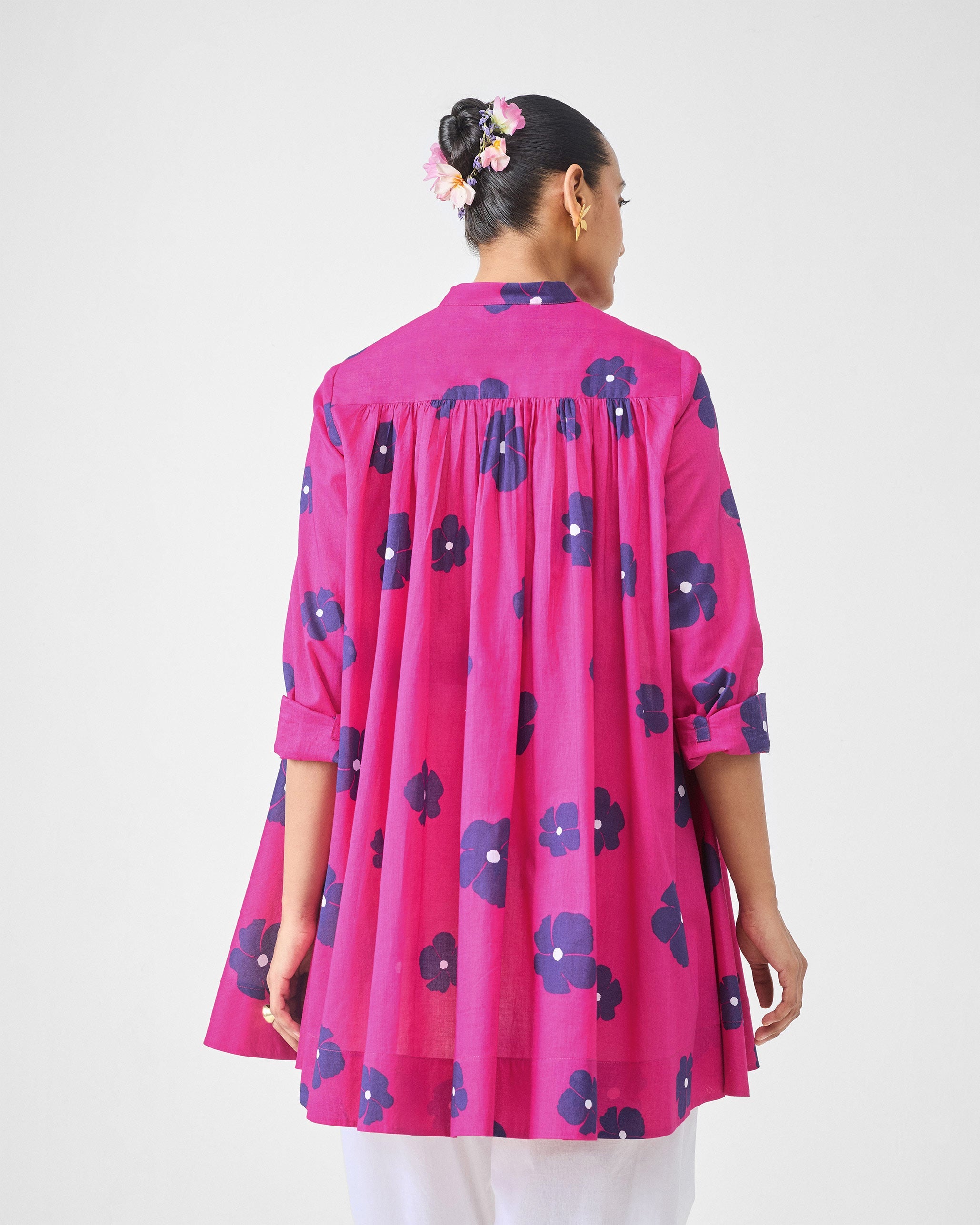 Back Gathered Top - Fuchsia & Purple Print