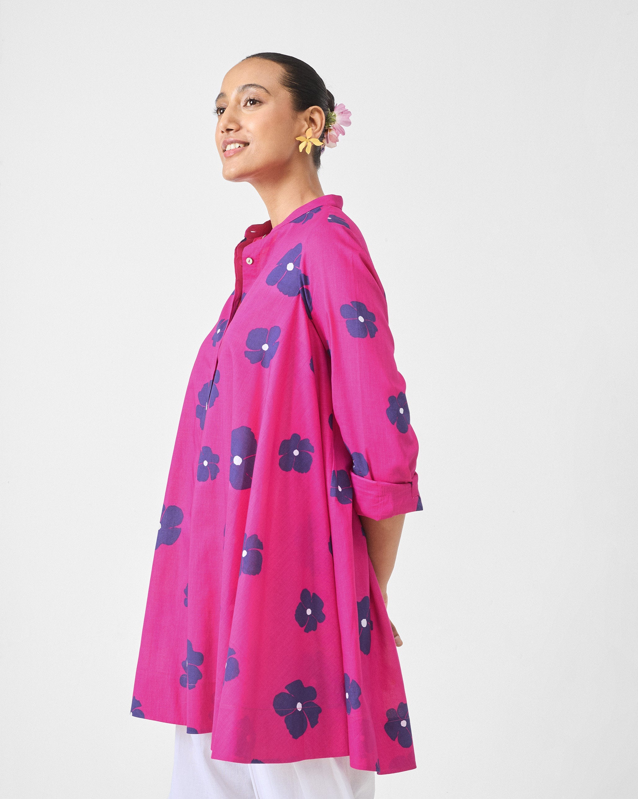 Back Gathered Top - Fuchsia & Purple Print