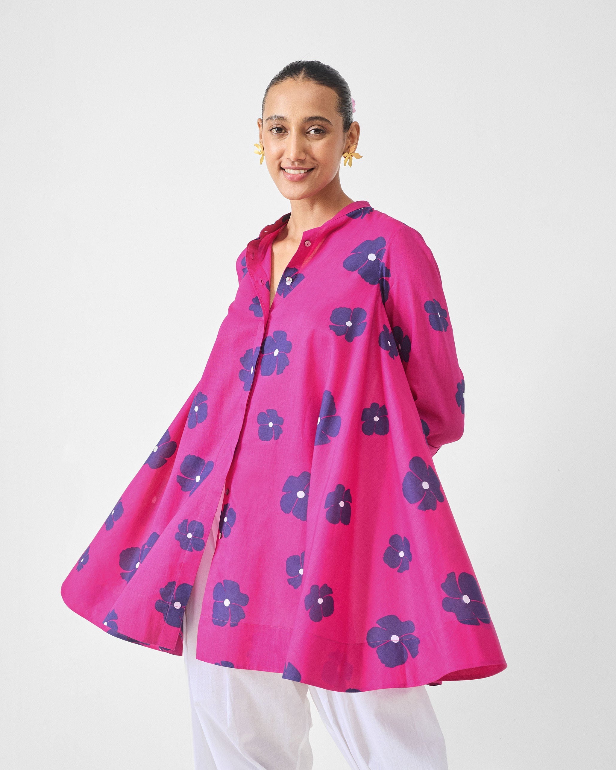 Back Gathered Top - Fuchsia & Purple Print