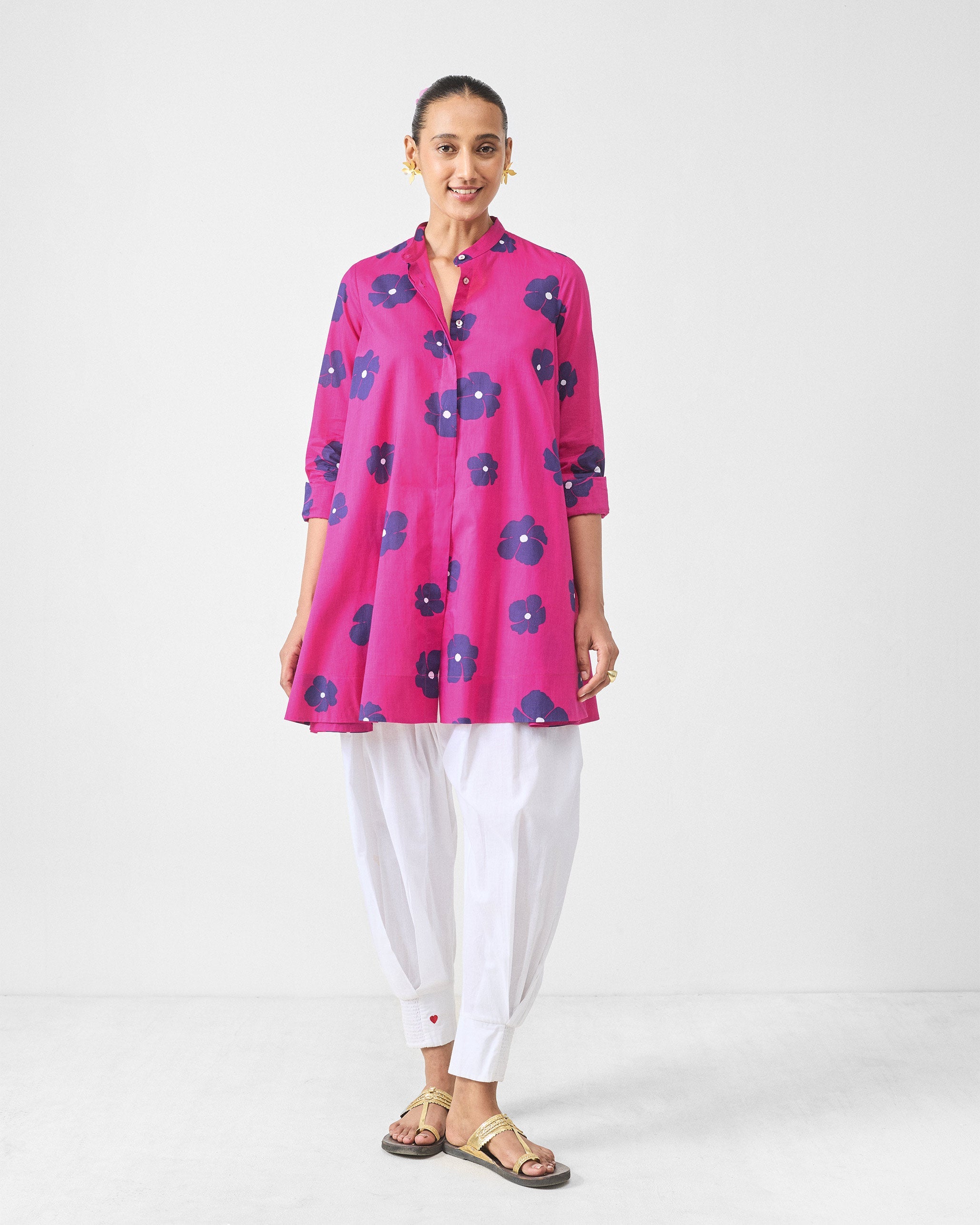 Back Gathered Top - Fuchsia & Purple Print