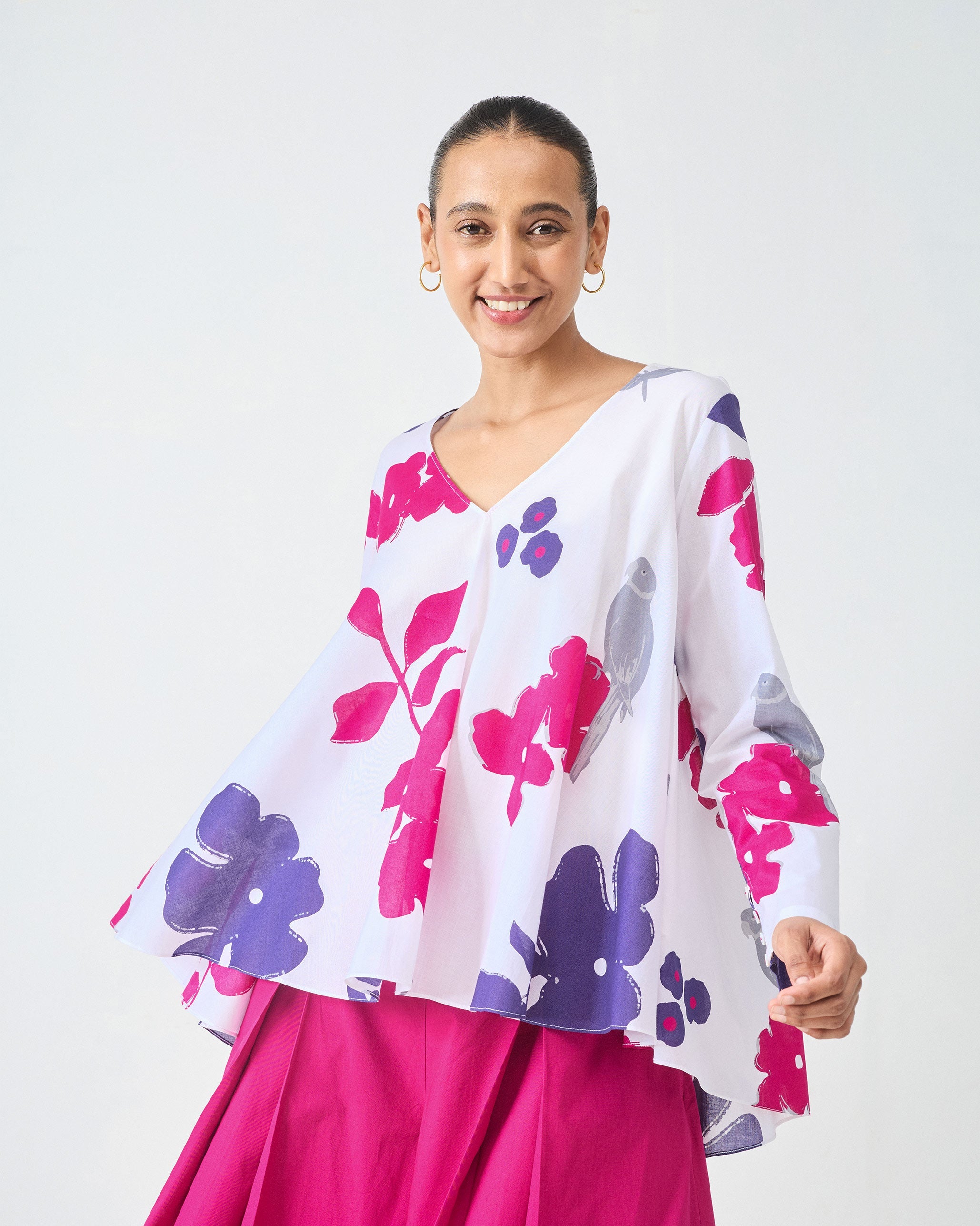 Calicut Top - White & Purple Printed