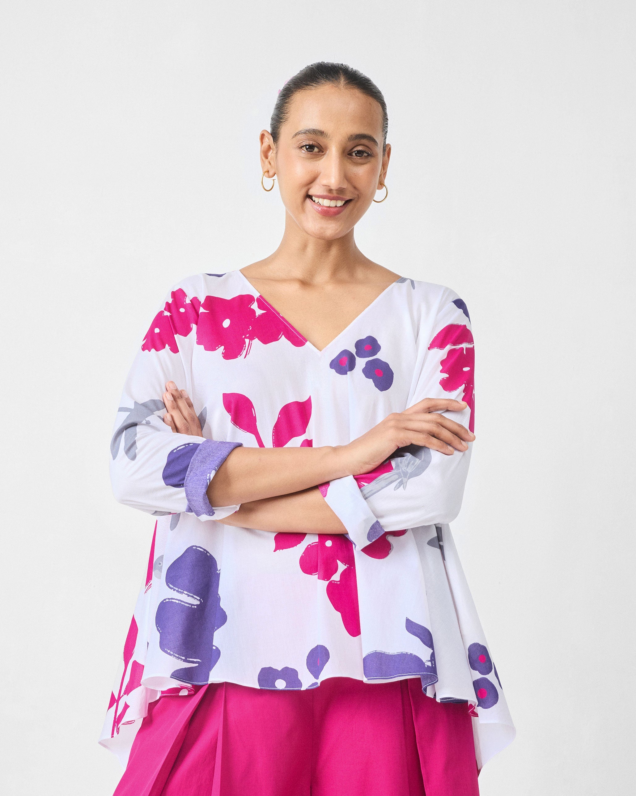 Calicut Top - White & Purple Printed