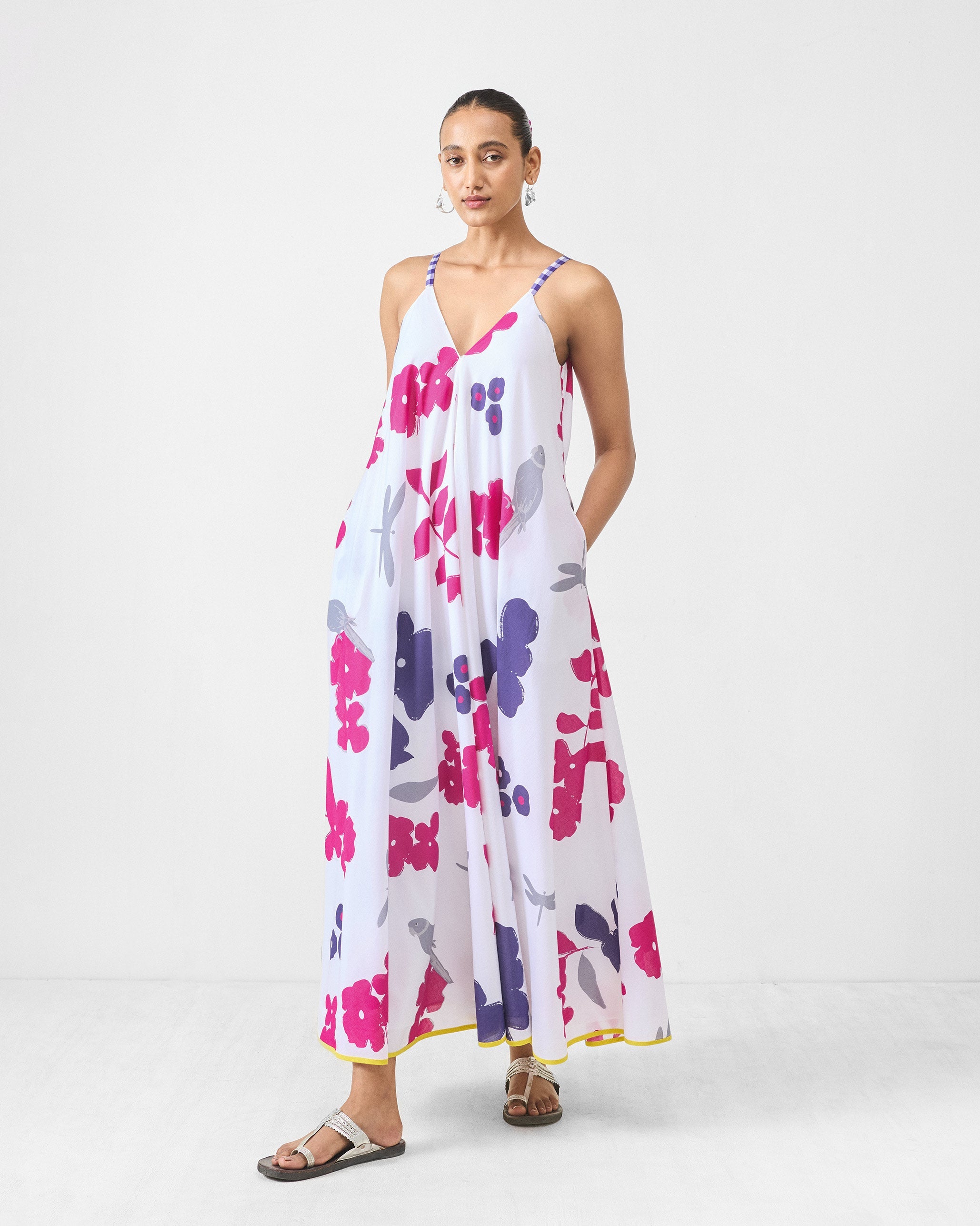 V-Neck Strappy Dress - White & Purple Printed