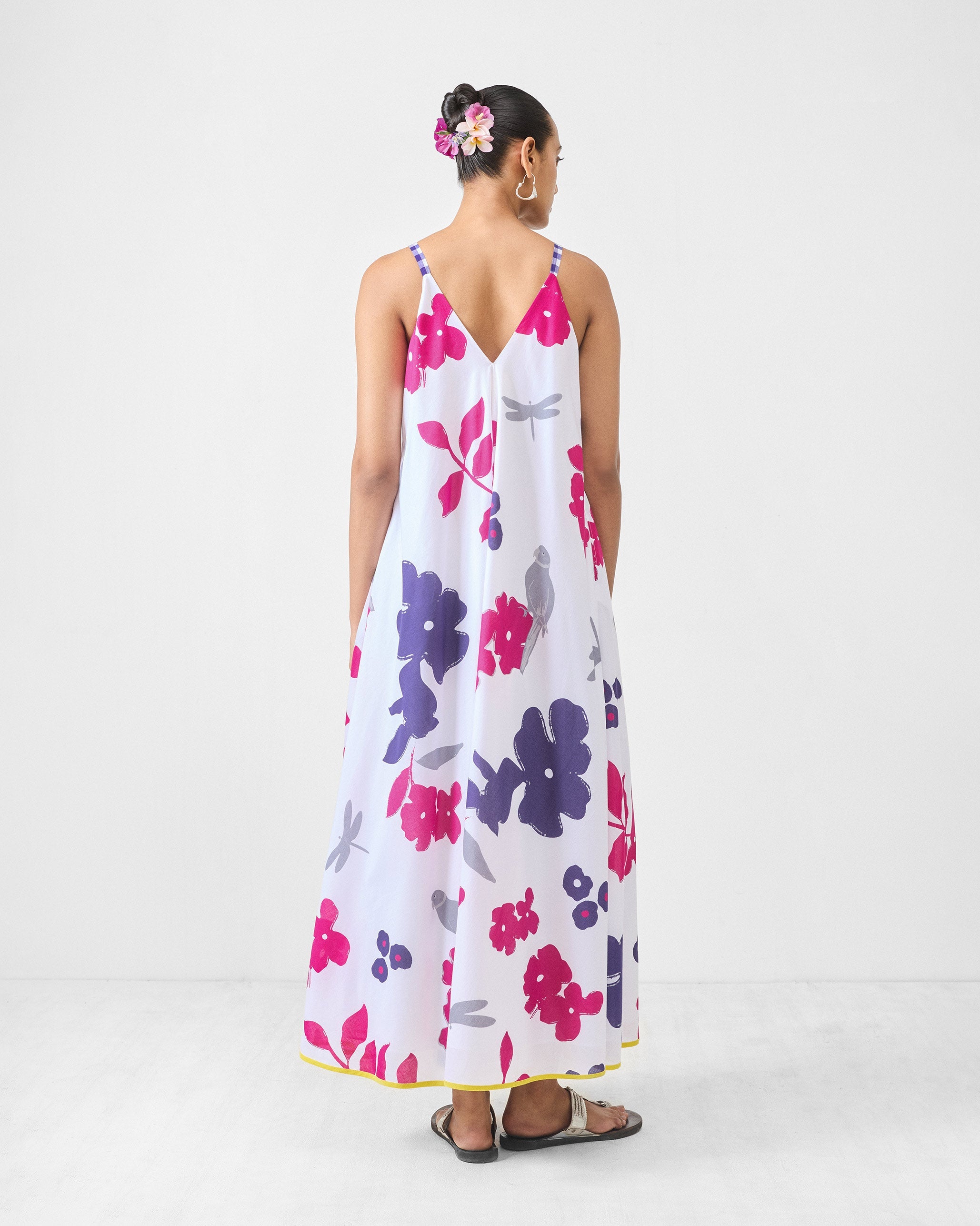 V-Neck Strappy Dress - White & Purple Printed