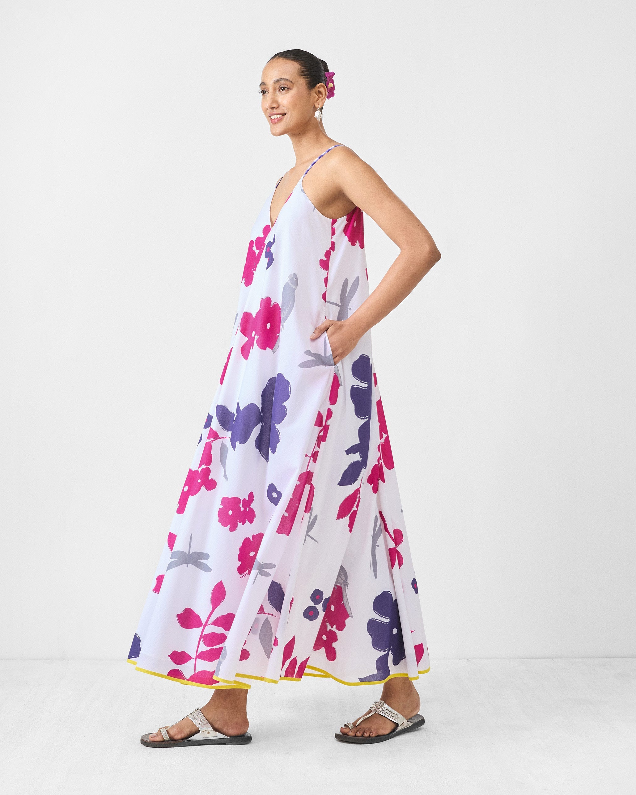 V-Neck Strappy Dress - White & Purple Printed