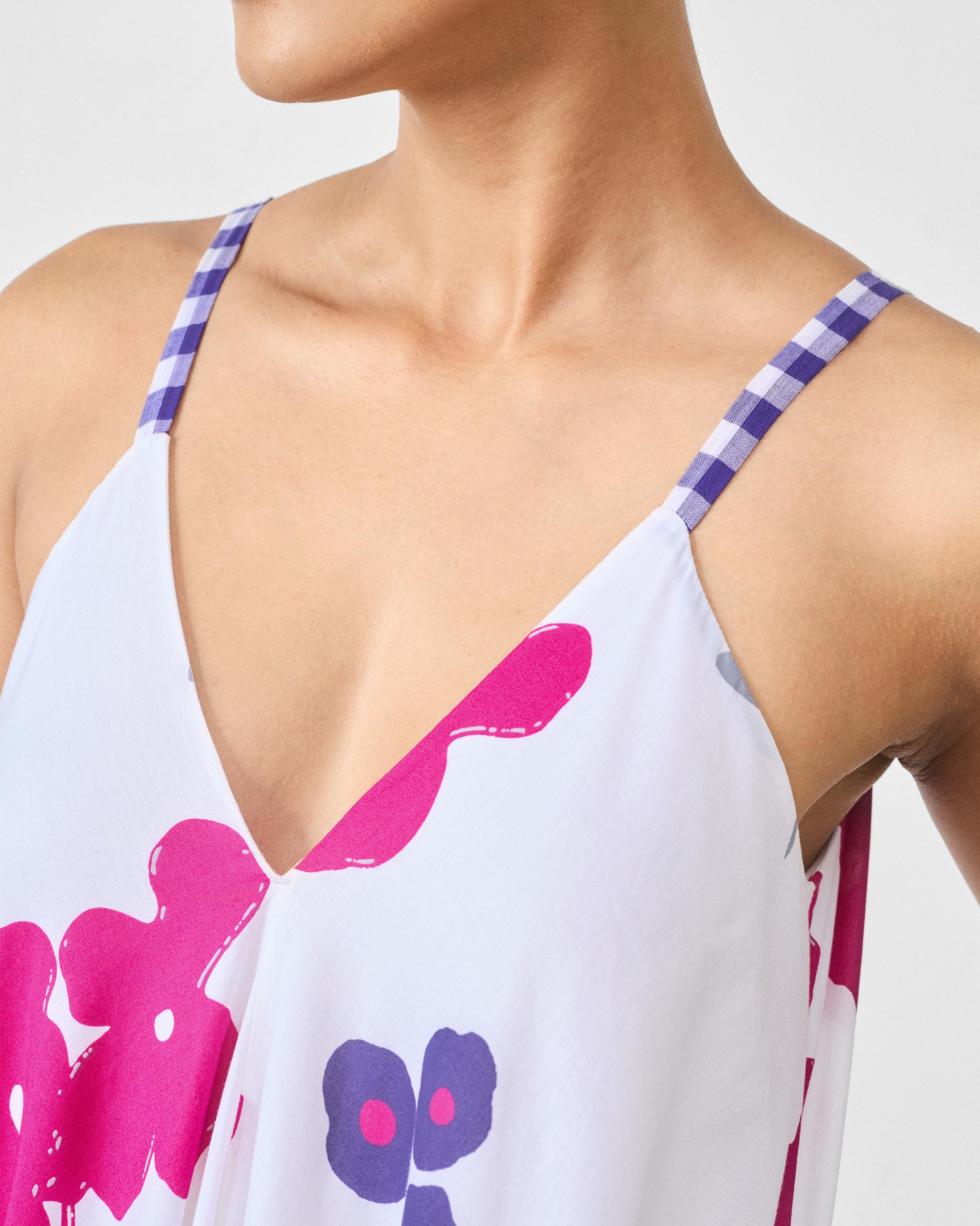 V-Neck Strappy Dress - White & Purple Printed