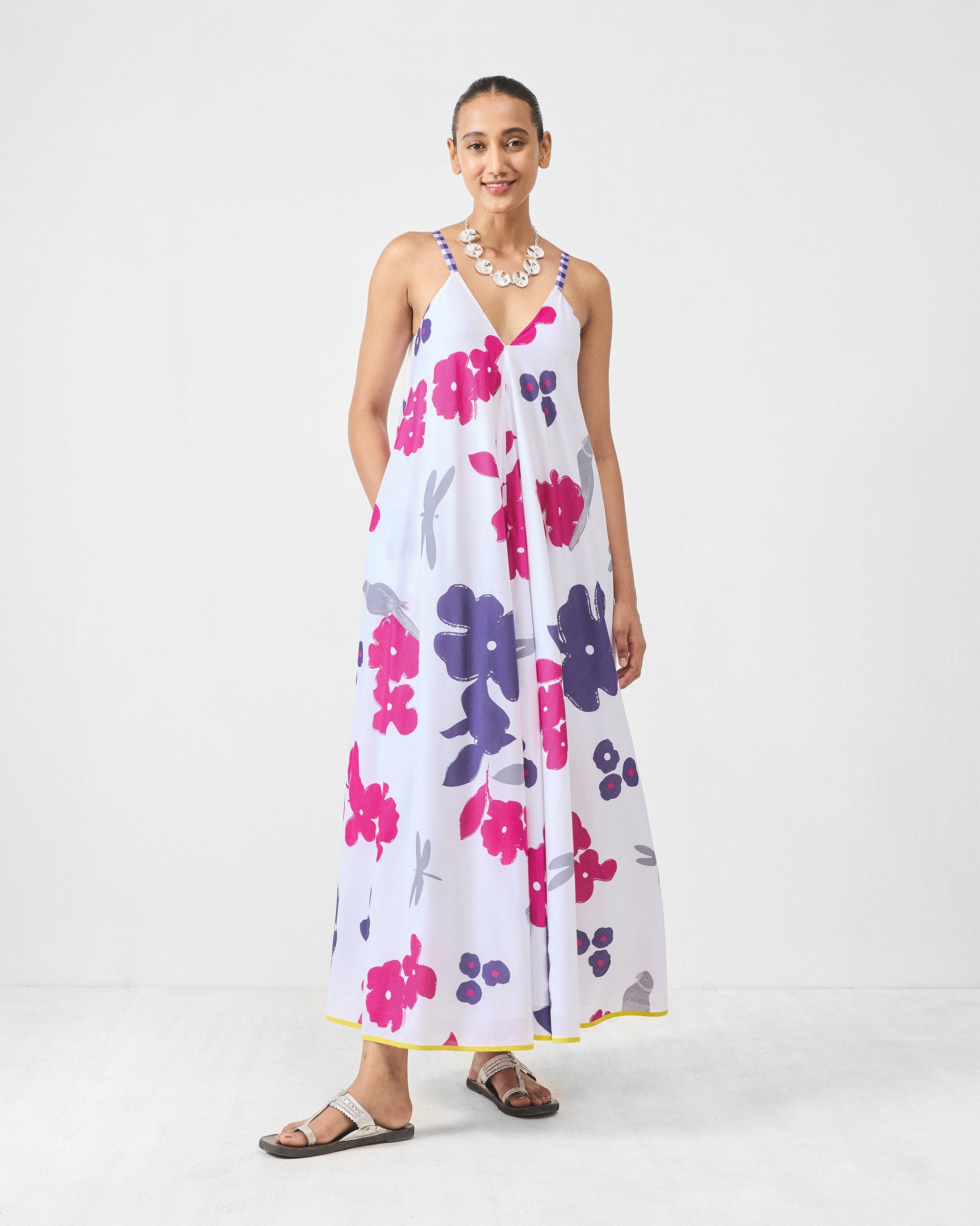 V-Neck Strappy Dress - White & Purple Printed