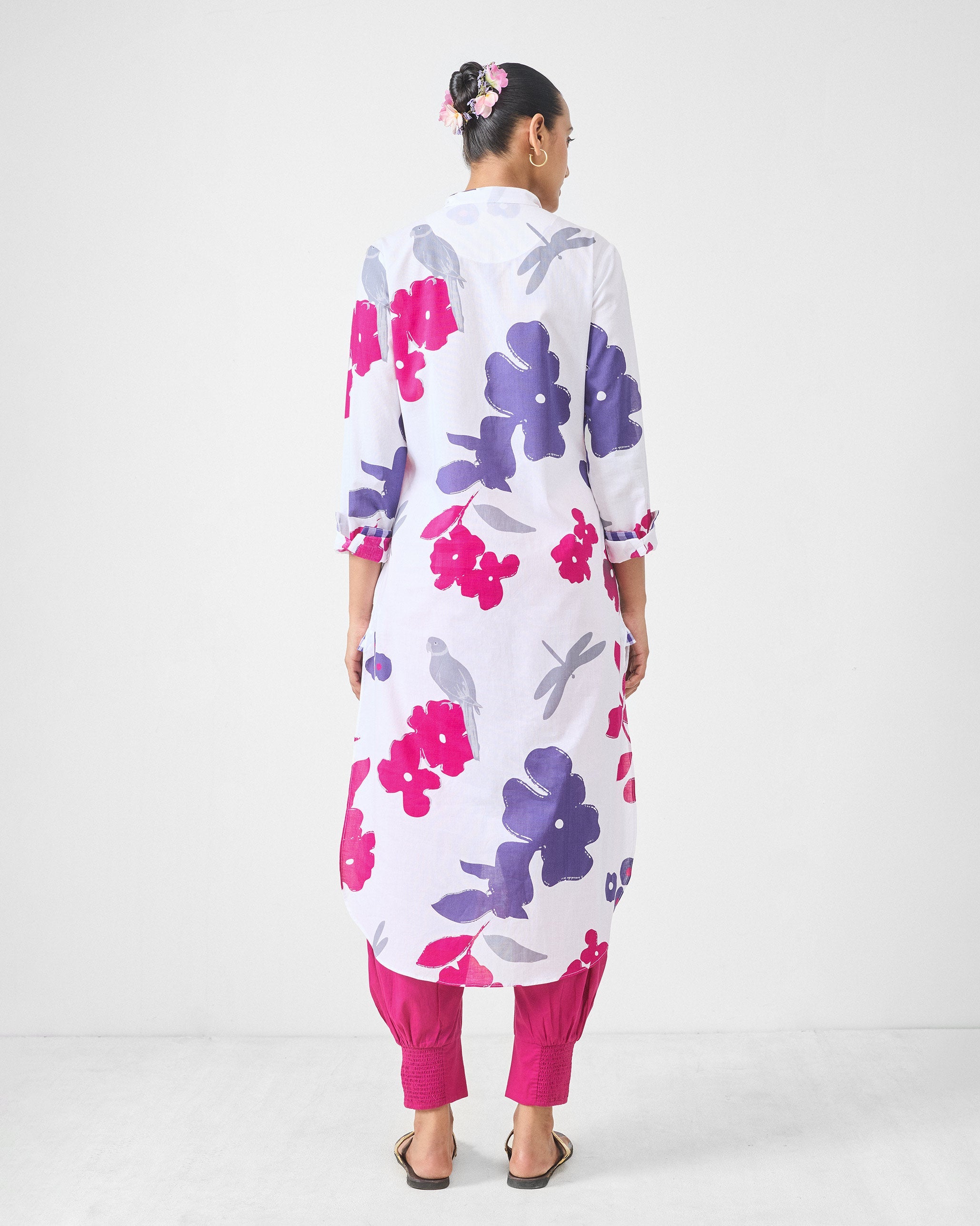 Basic Long Length Kurta - White & Purple Printed