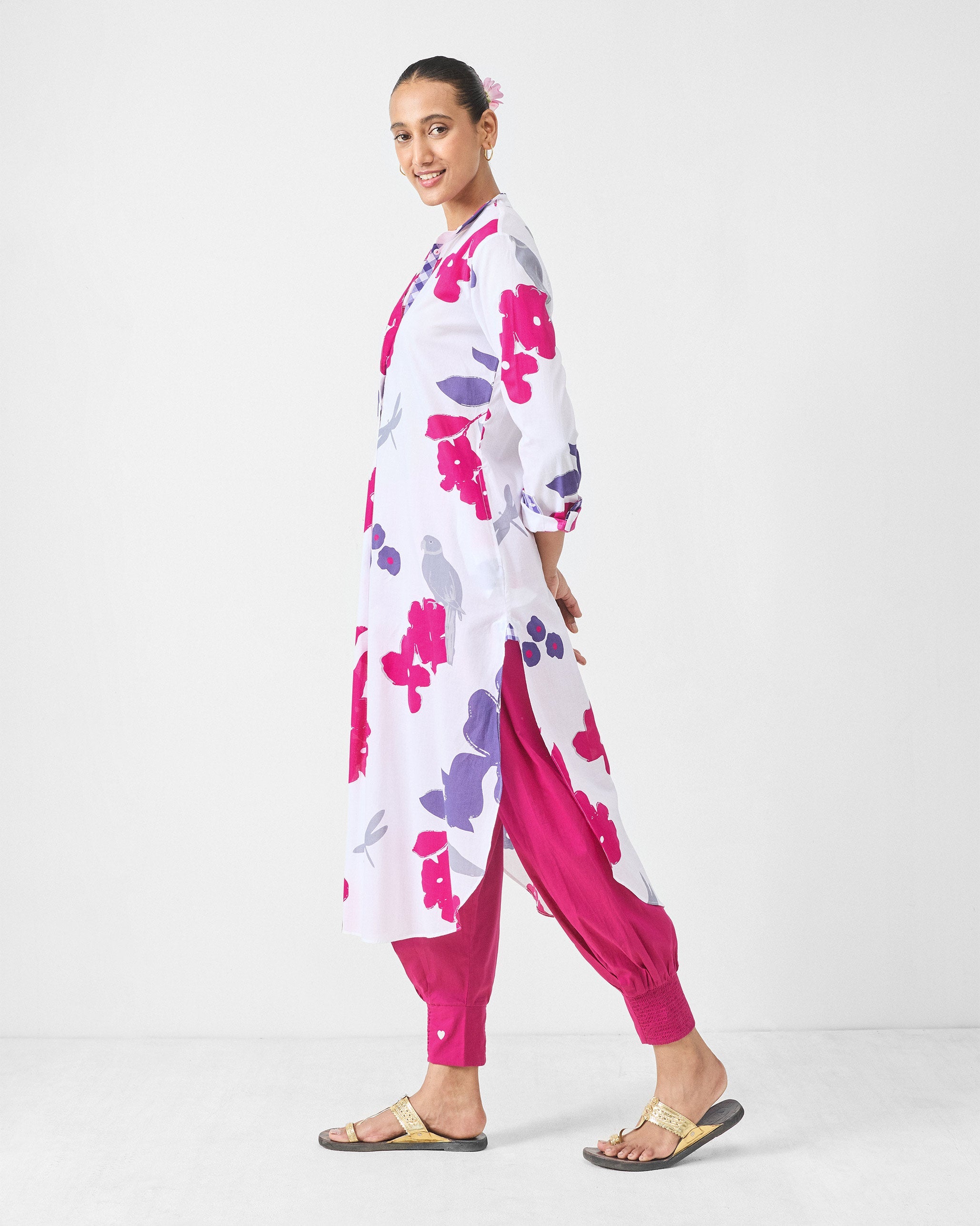 Basic Long Length Kurta - White & Purple Printed