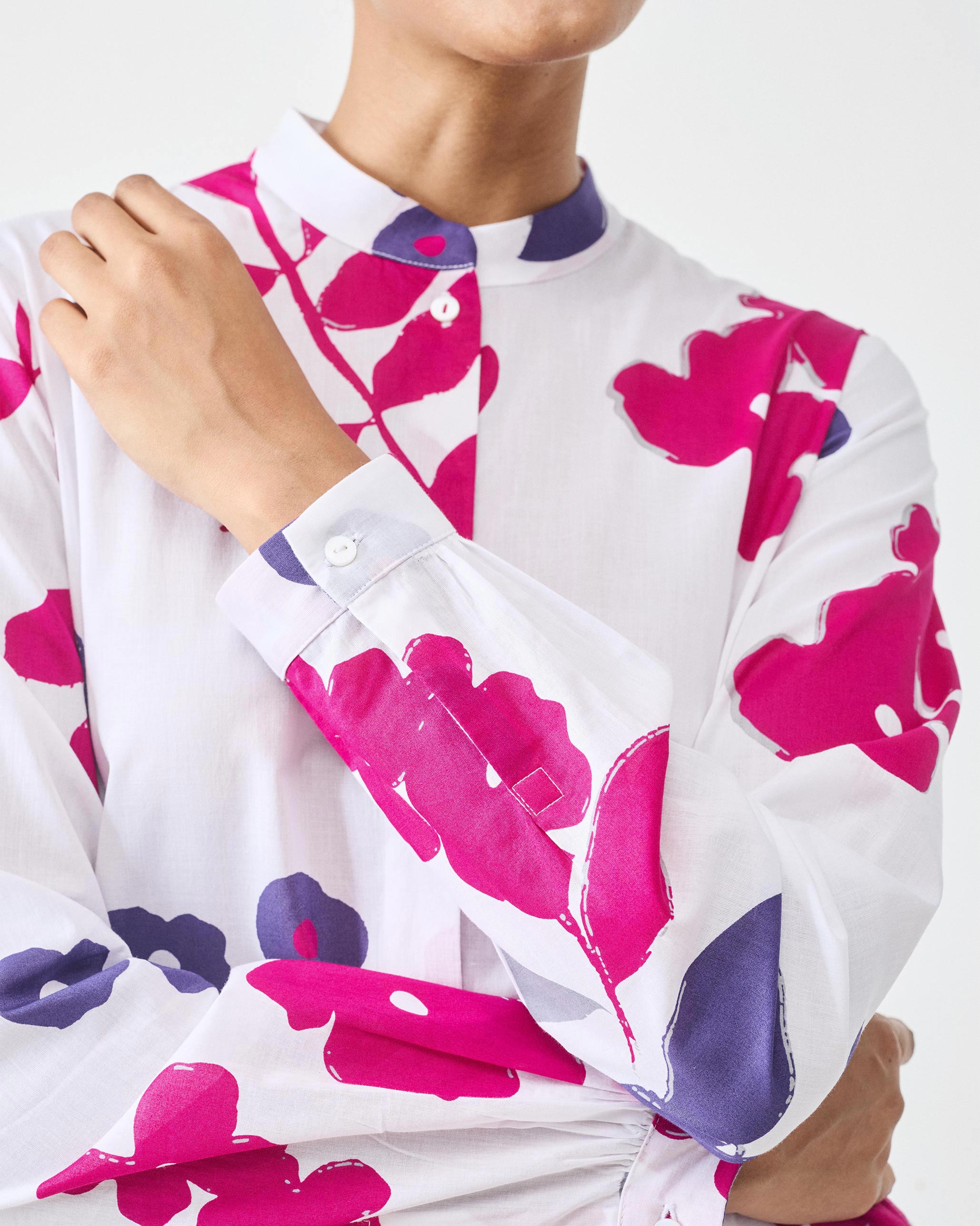 Basic Long Length Kurta - White & Purple Printed