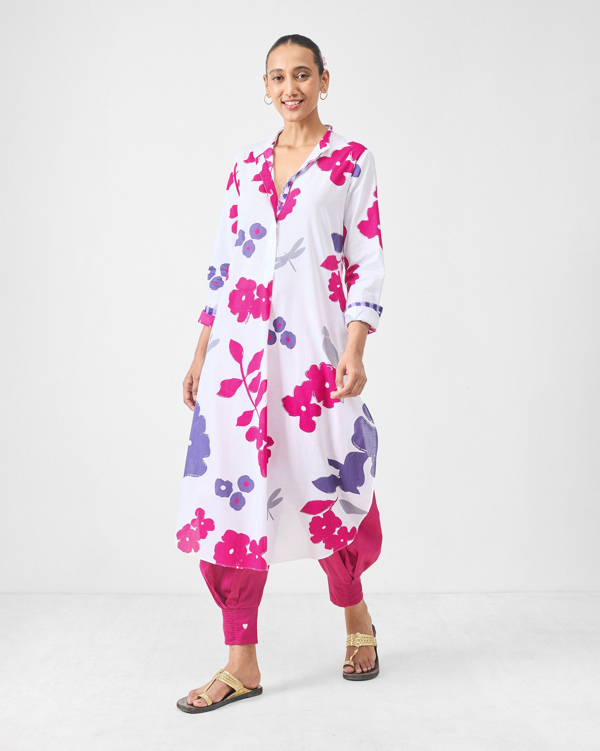 Basic Long Length Kurta - White & Purple Printed