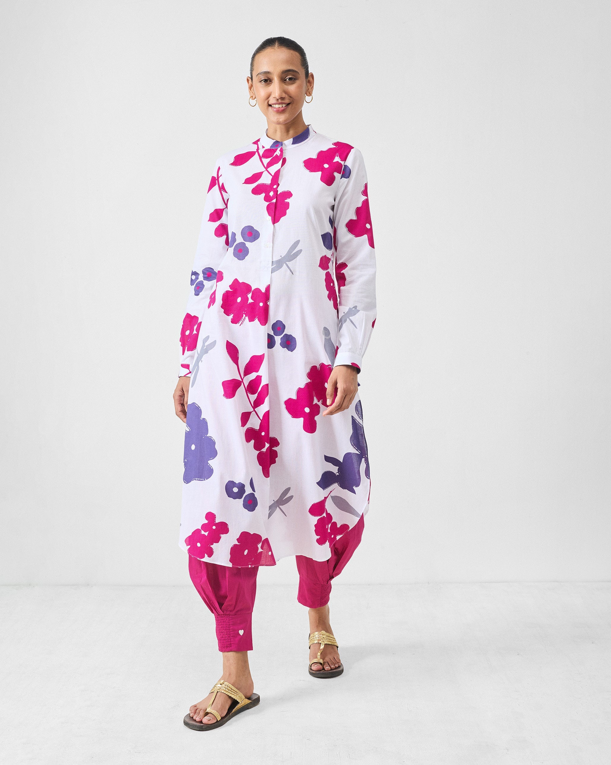 Basic Long Length Kurta - White & Purple Printed