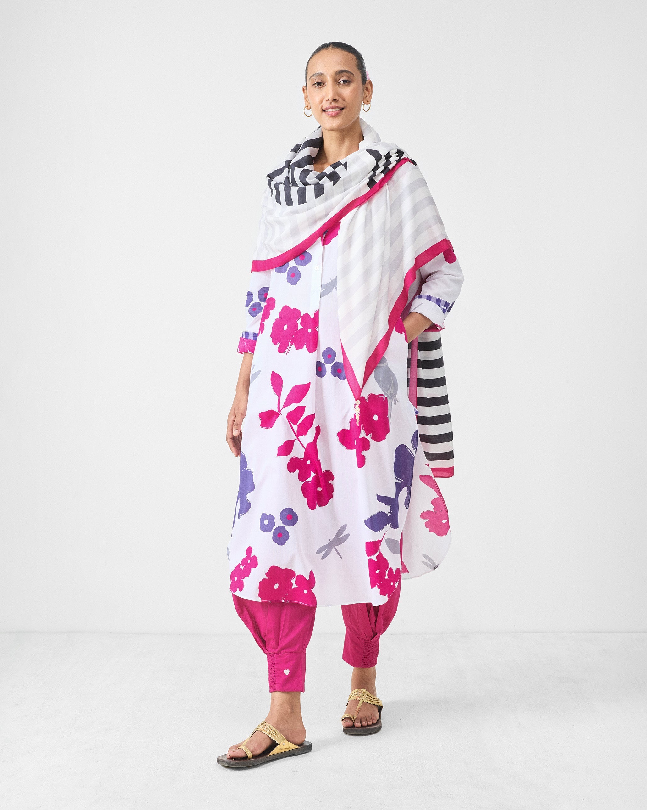 Basic Long Length Kurta - White & Purple Printed