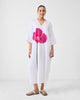 V Neck Kaftan - White & Fuchsia Printed