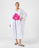 V Neck Kaftan - White & Fuchsia Printed