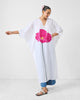 V Neck Kaftan - White & Fuchsia Printed