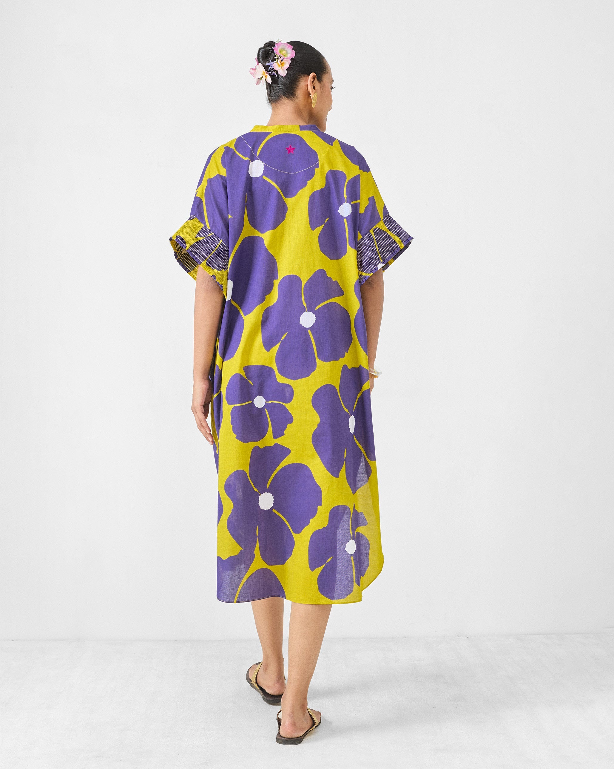 Elara Smocked Sleeve Kaftan - Purple & Chartreuse Printed