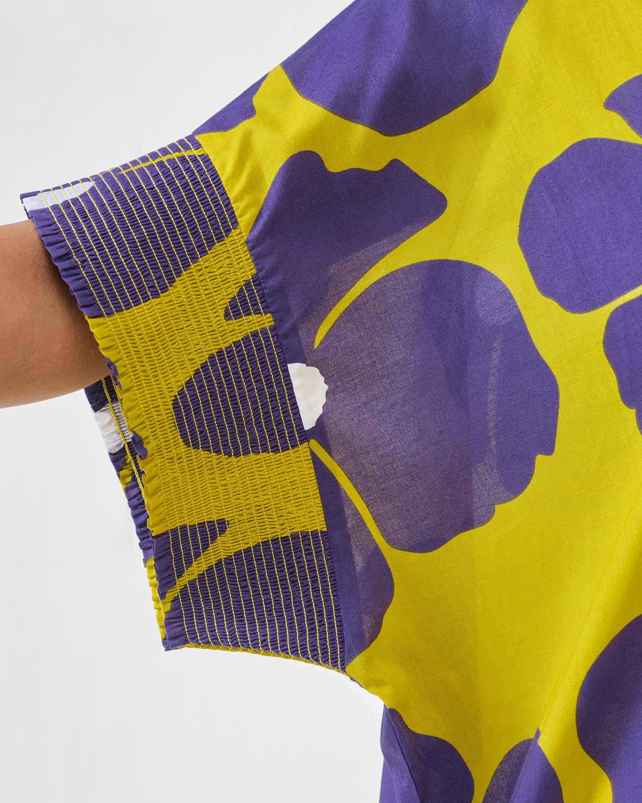 Elara Smocked Sleeve Kaftan - Purple & Chartreuse Printed