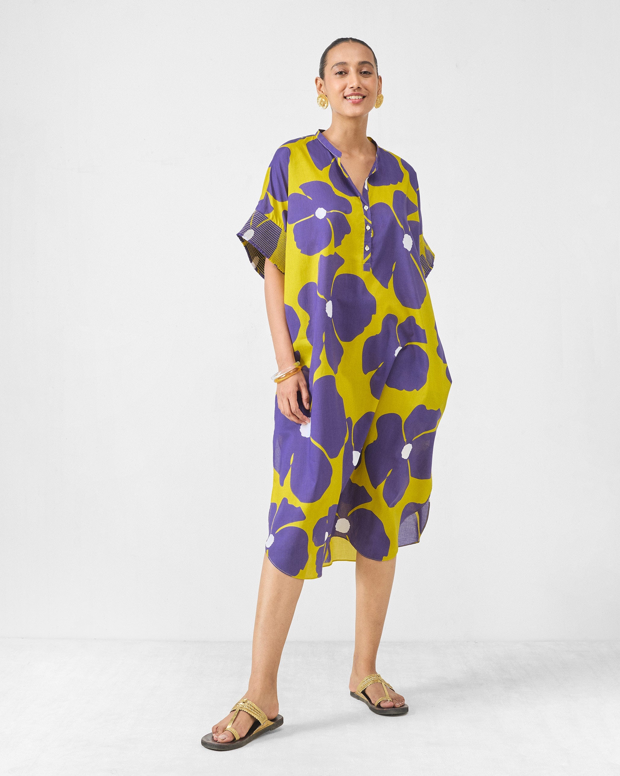 Elara Smocked Sleeve Kaftan - Purple & Chartreuse Printed