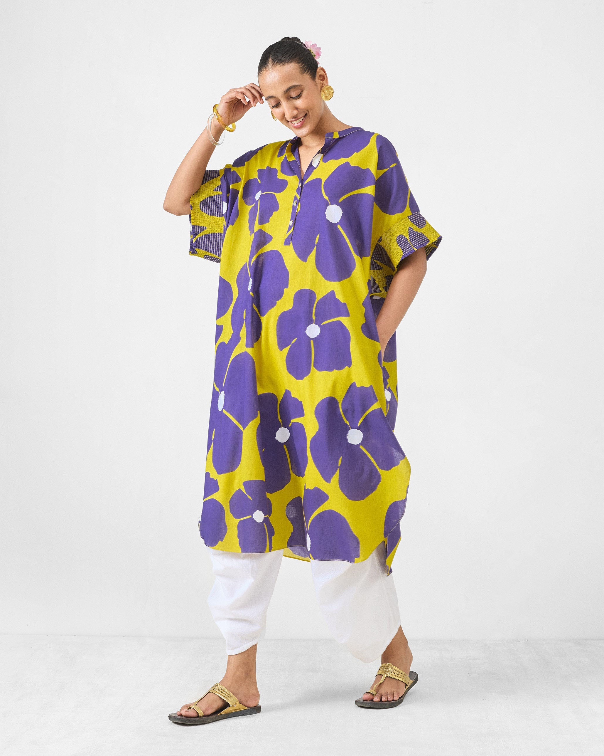 Elara Smocked Sleeve Kaftan - Purple & Chartreuse Printed