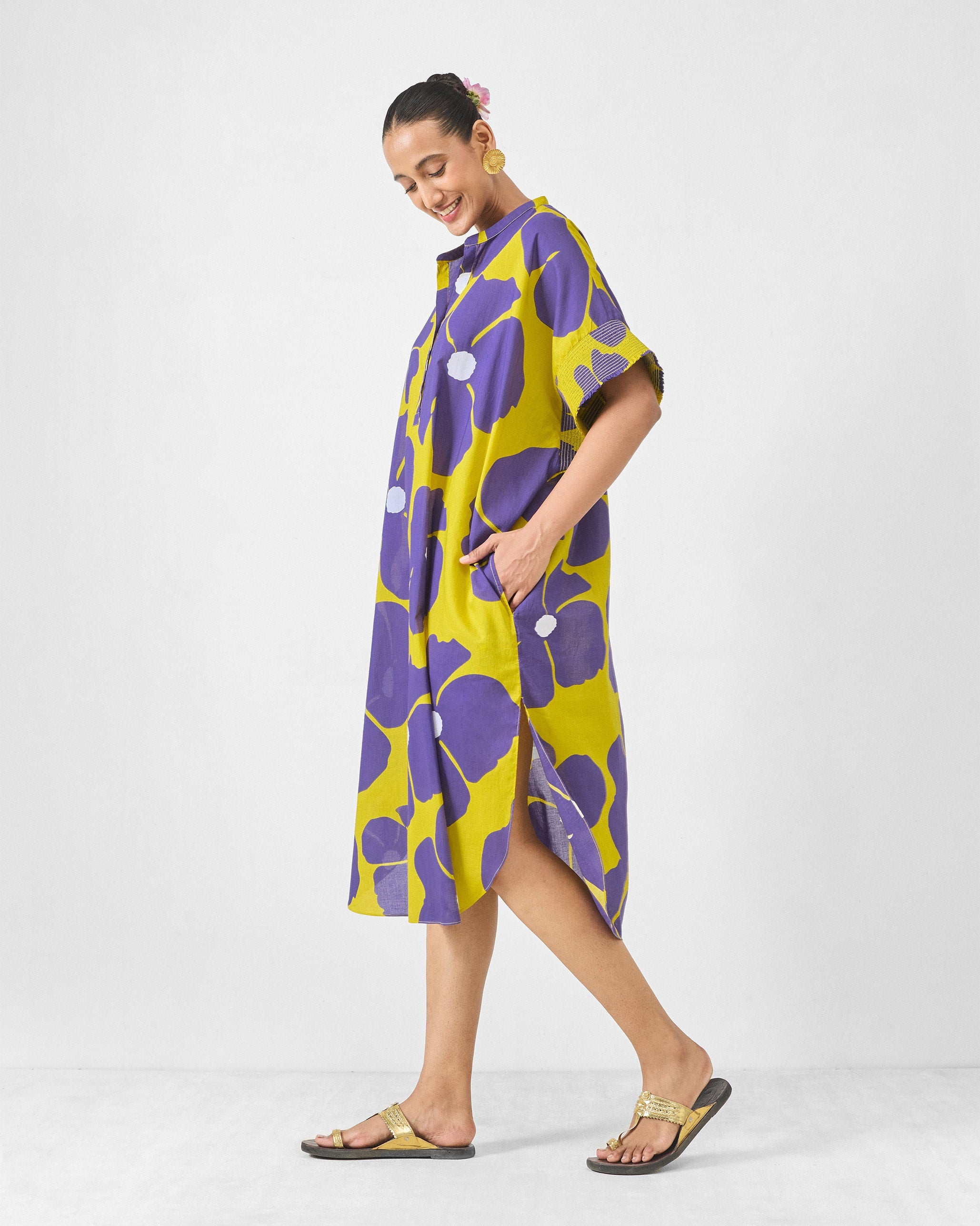 Elara Smocked Sleeve Kaftan - Purple & Chartreuse Printed