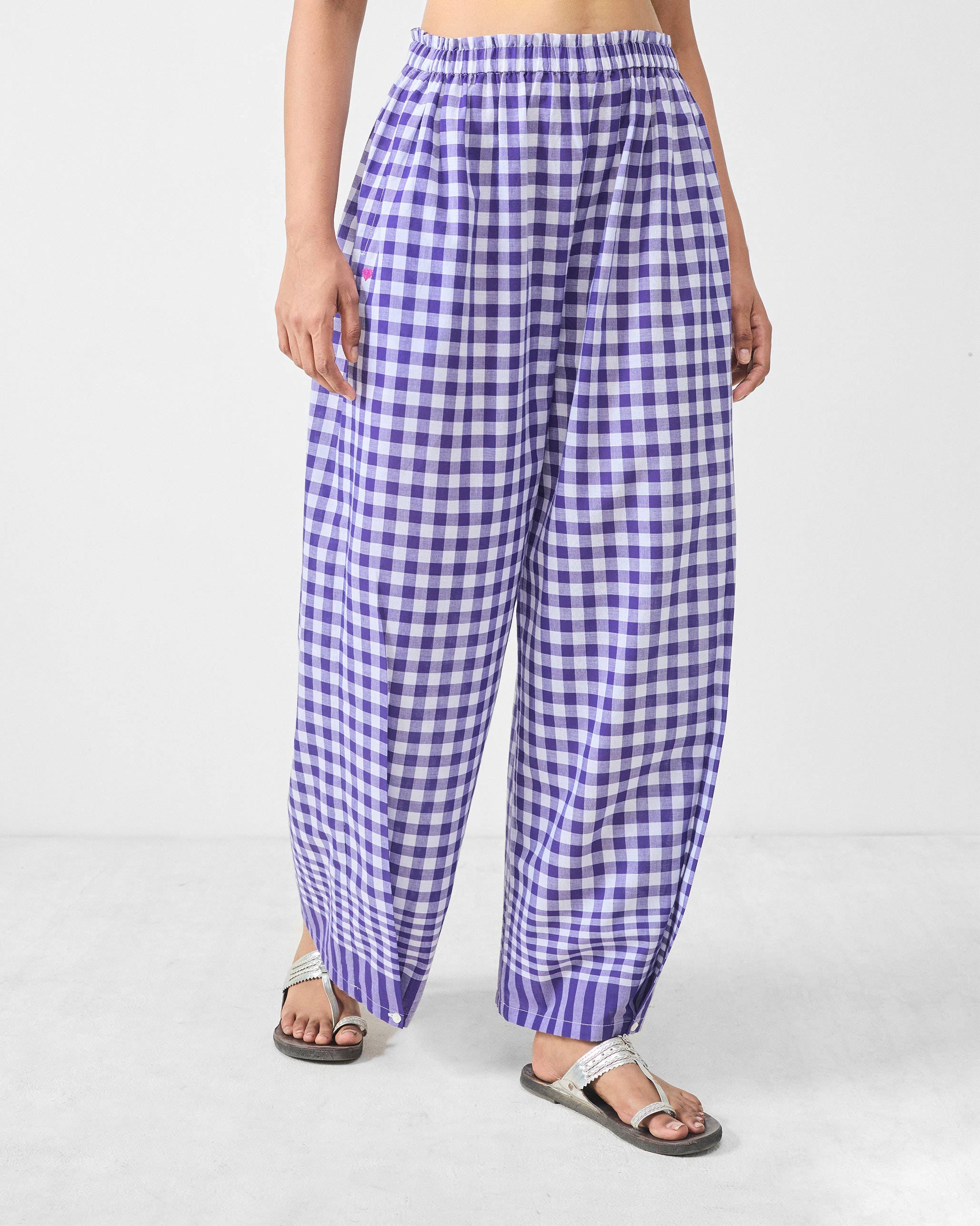 Wide Paper Bag Trousers - Purple & White Checks